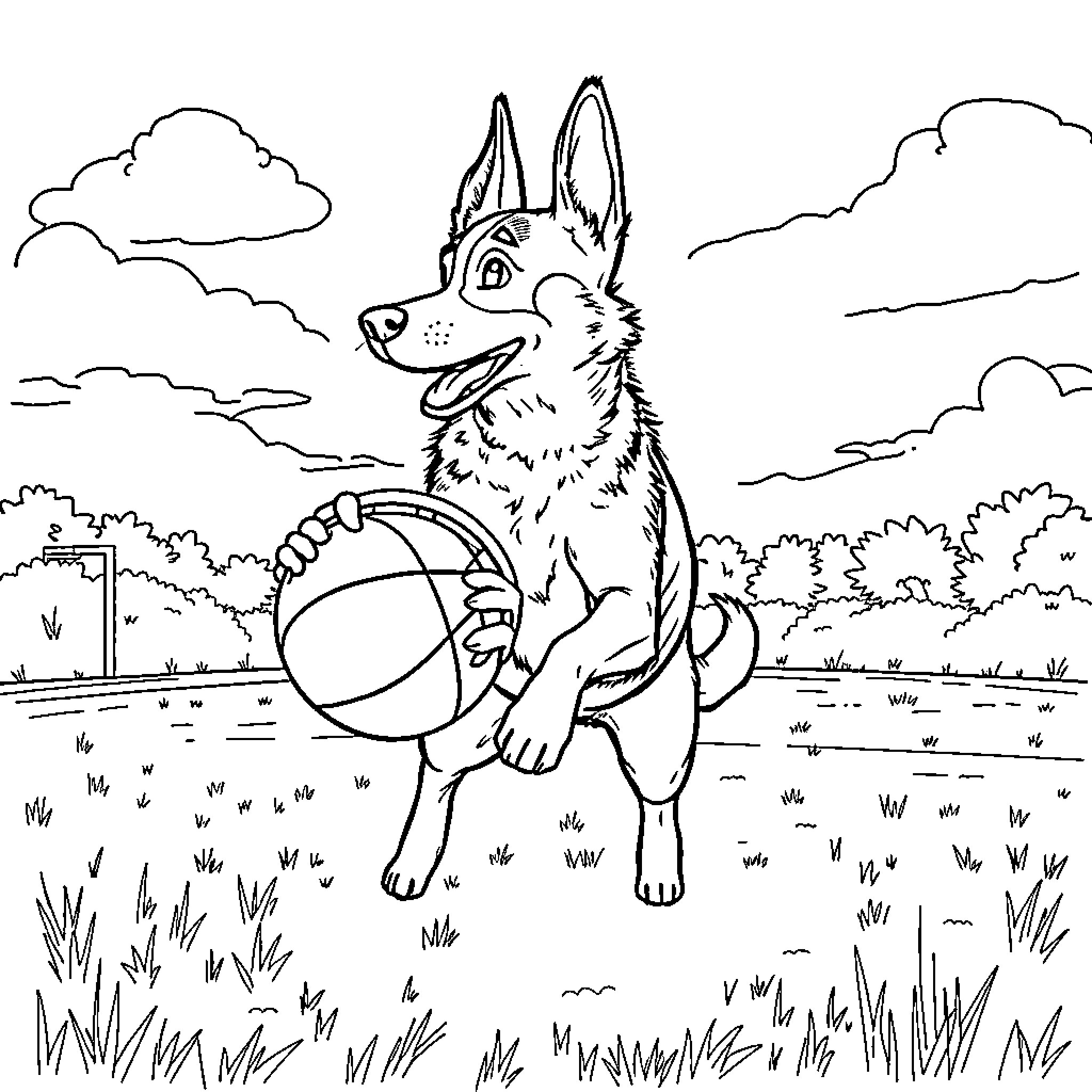 Chase of the Playful Pup in the Park Coloring Page (free black-and-white line drawing printable PDF for all, from beginners to advanced learners, including children, teens, adults, and seniors)