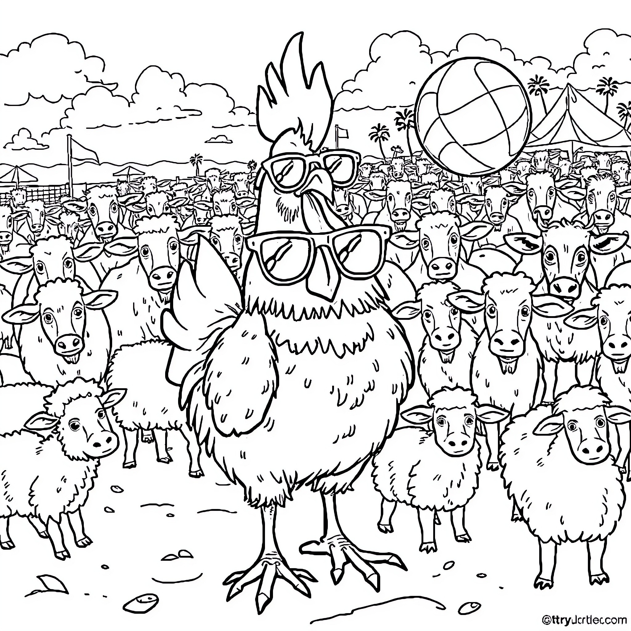 Chicken at the Lively County Fair Coloring Page (free black-and-white line drawing printable PDF for all, from beginners to advanced learners, including children, teens, adults, and seniors)