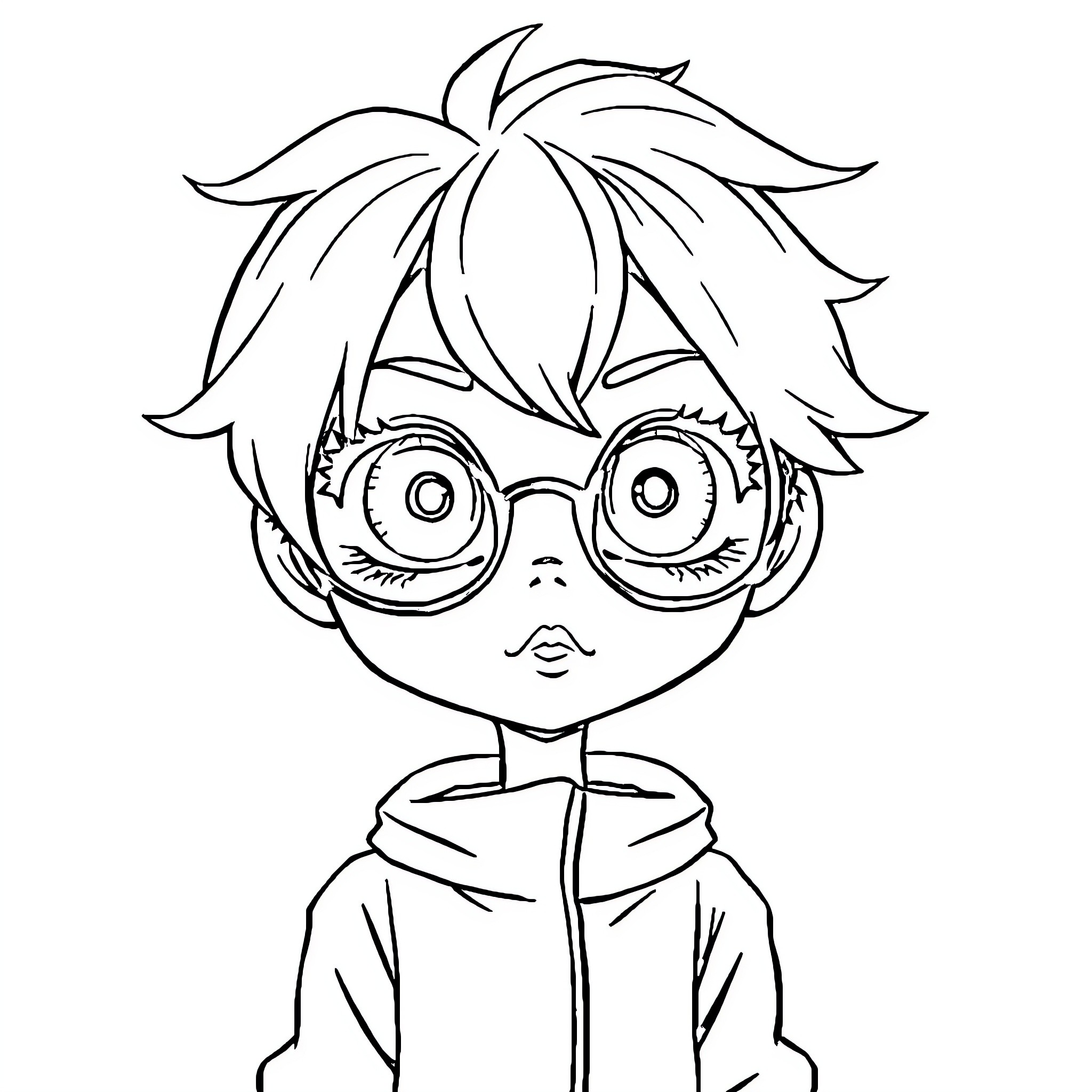 Manga Character with Oversized Glasses and Messy Hair Coloring Page (free black-and-white line drawing printable PDF for all, from beginners to advanced learners, including children, teens, adults, and seniors)