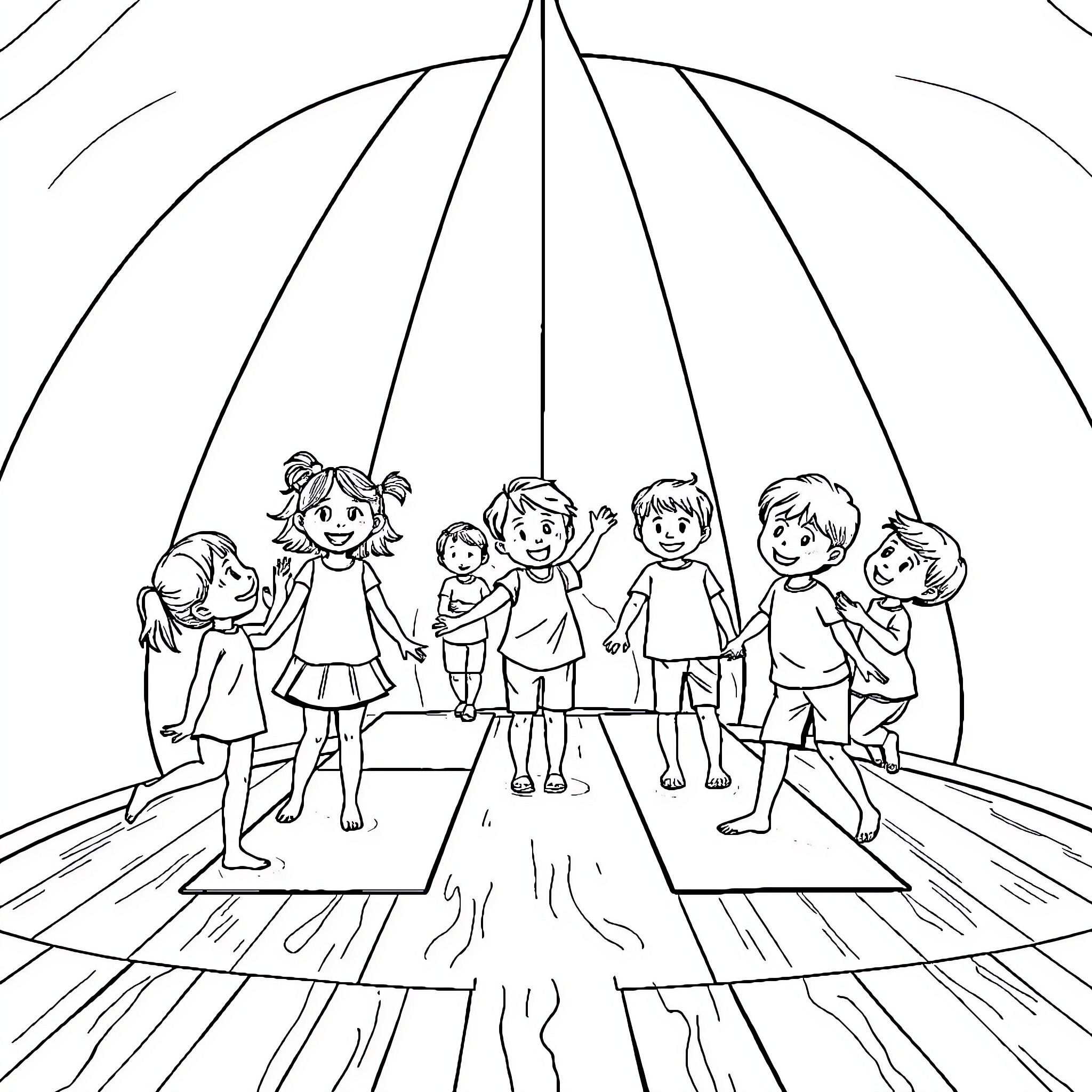 Child friends playing together under a large umbrella Coloring Page (free black-and-white line drawing printable PDF for all, from beginners to advanced learners, including children, teens, adults, and seniors)