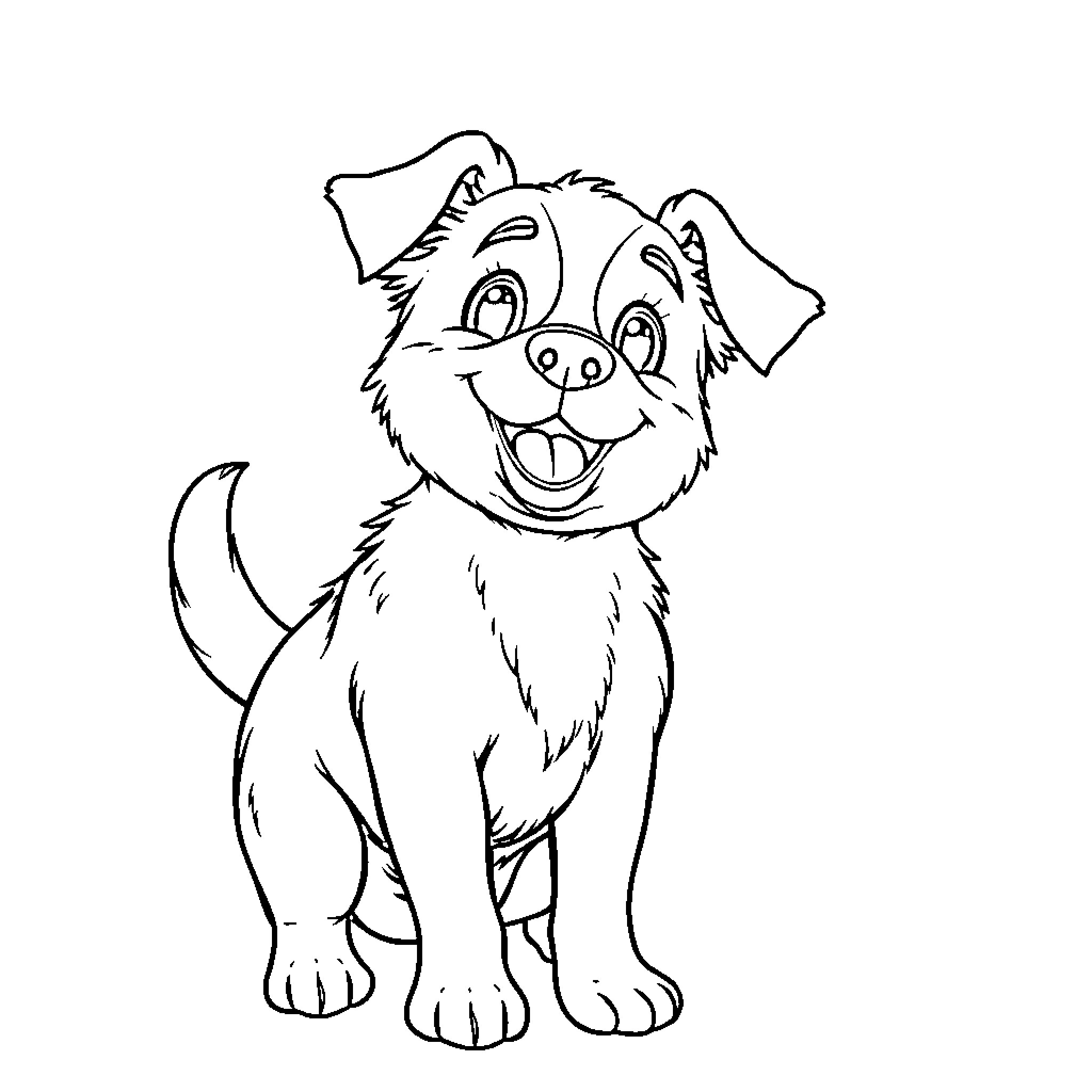 Dog happily sitting and smiling Coloring Page (free black-and-white line drawing printable PDF for all, from beginners to advanced learners, including children, teens, adults, and seniors)