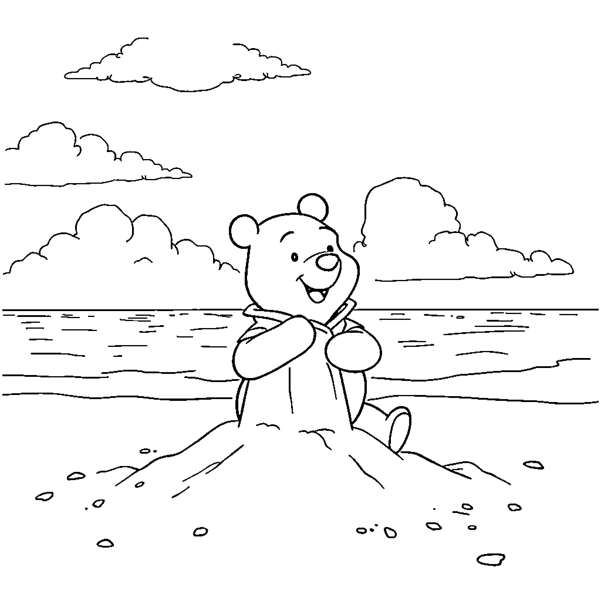 Winnie The Pooh enjoying the beach scenery Coloring Page (free black-and-white line drawing printable PDF for all, from beginners to advanced learners, including children, teens, adults, and seniors)