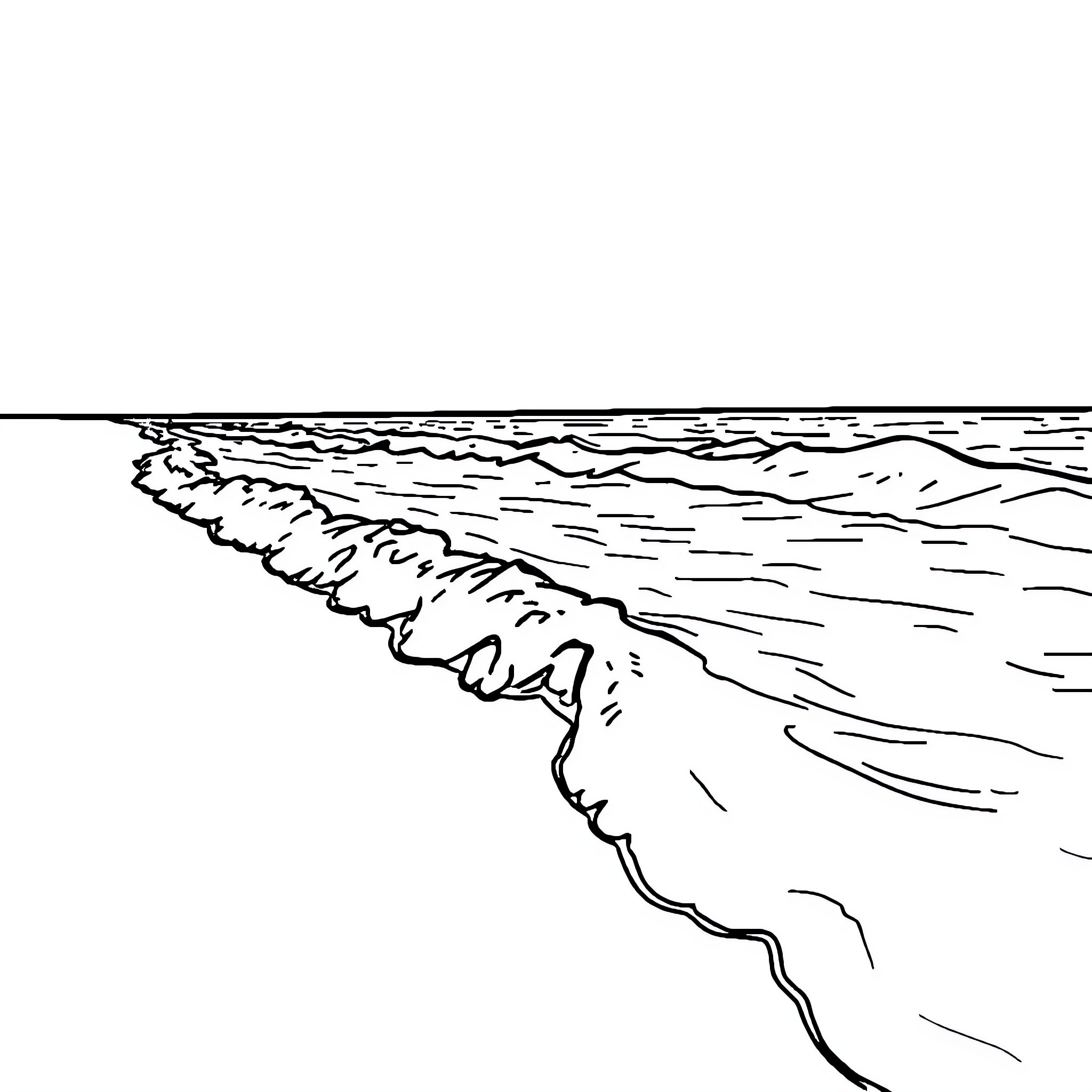 Sea shore with waves crashing against the coastline Coloring Page (free black-and-white line drawing printable PDF for all, from beginners to advanced learners, including children, teens, adults, and seniors)