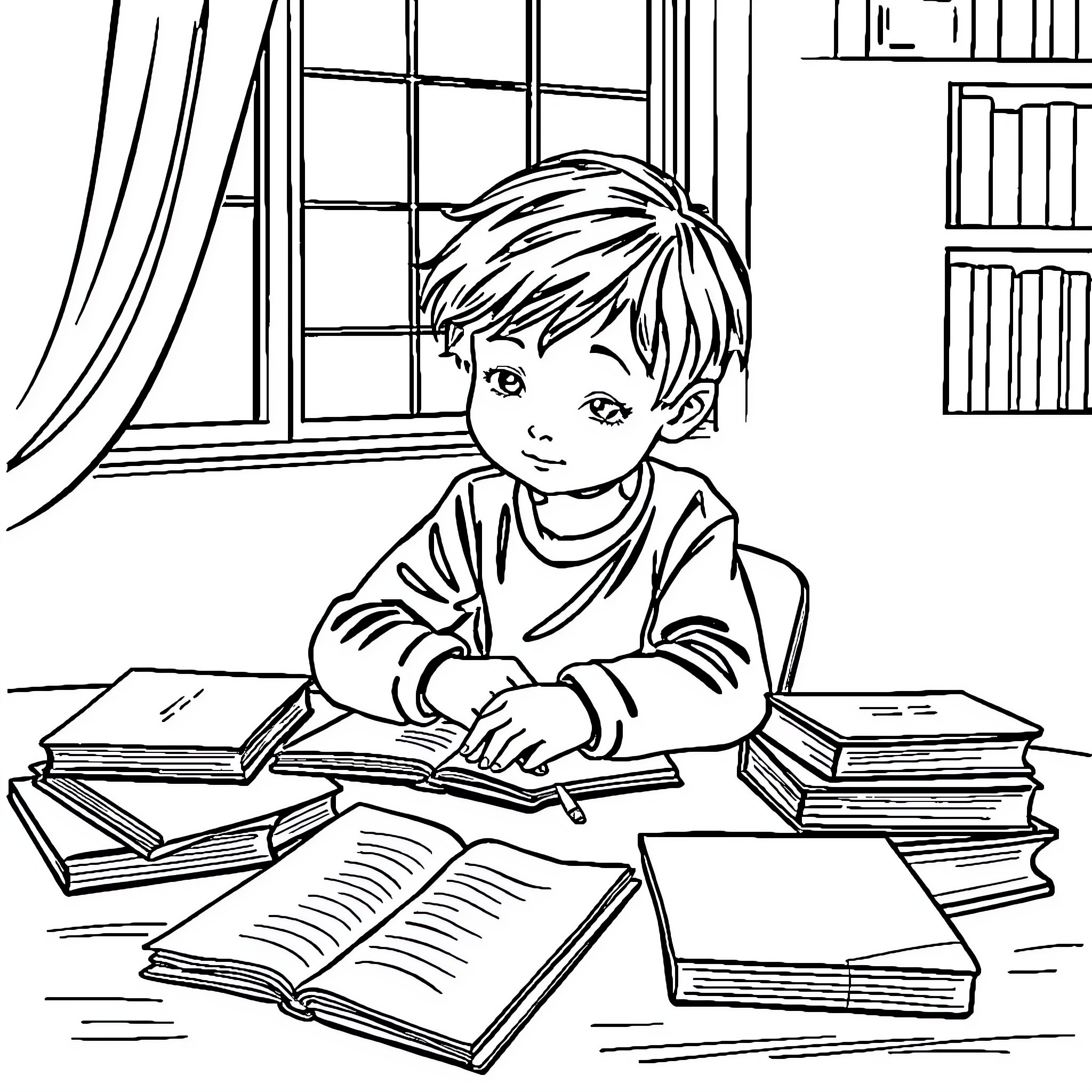 Child studying diligently at home Coloring Page (free black-and-white line drawing printable PDF for all, from beginners to advanced learners, including children, teens, adults, and seniors)