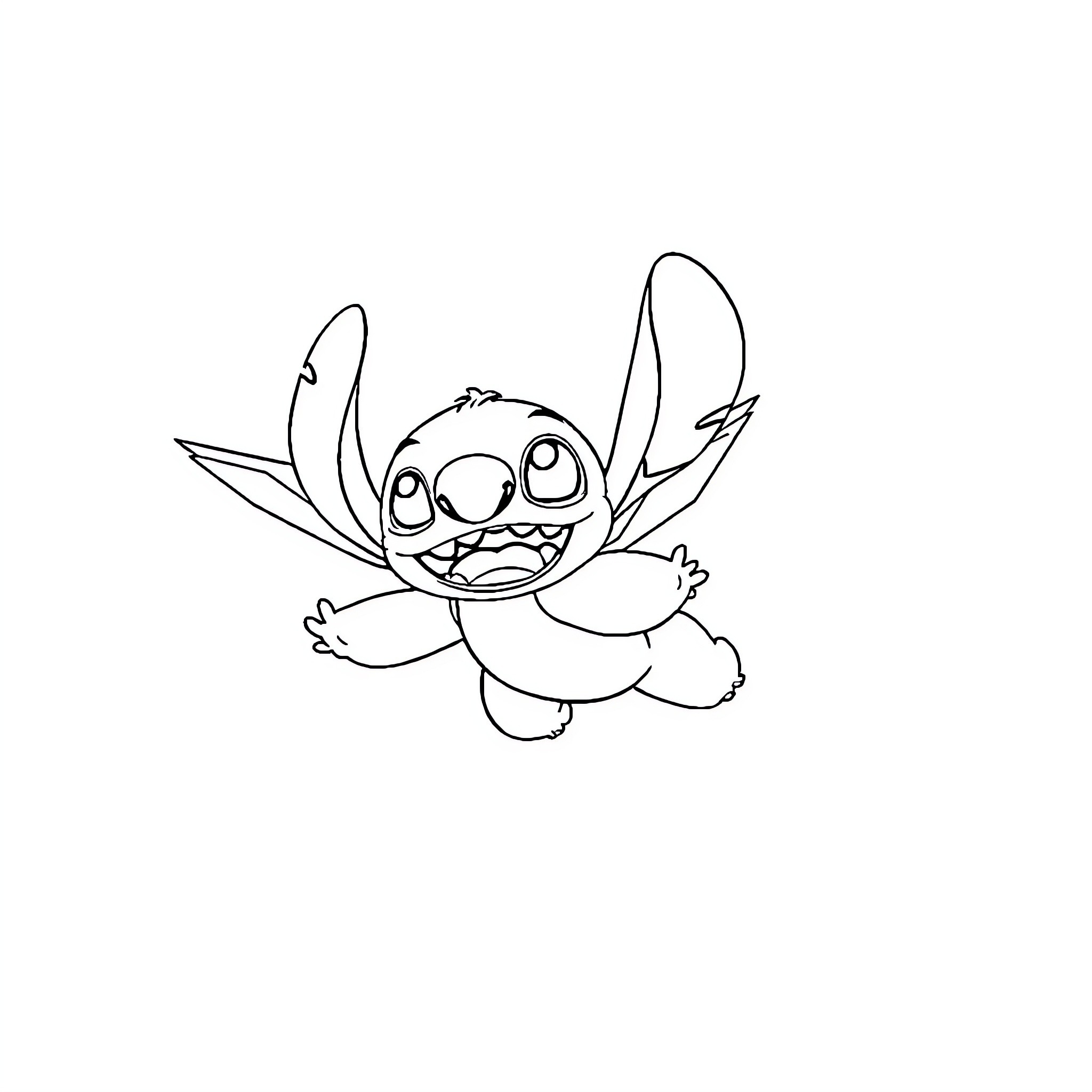 Stitch excitedly flying through the air Coloring Page (free black-and-white line drawing printable PDF for all, from beginners to advanced learners, including children, teens, adults, and seniors)