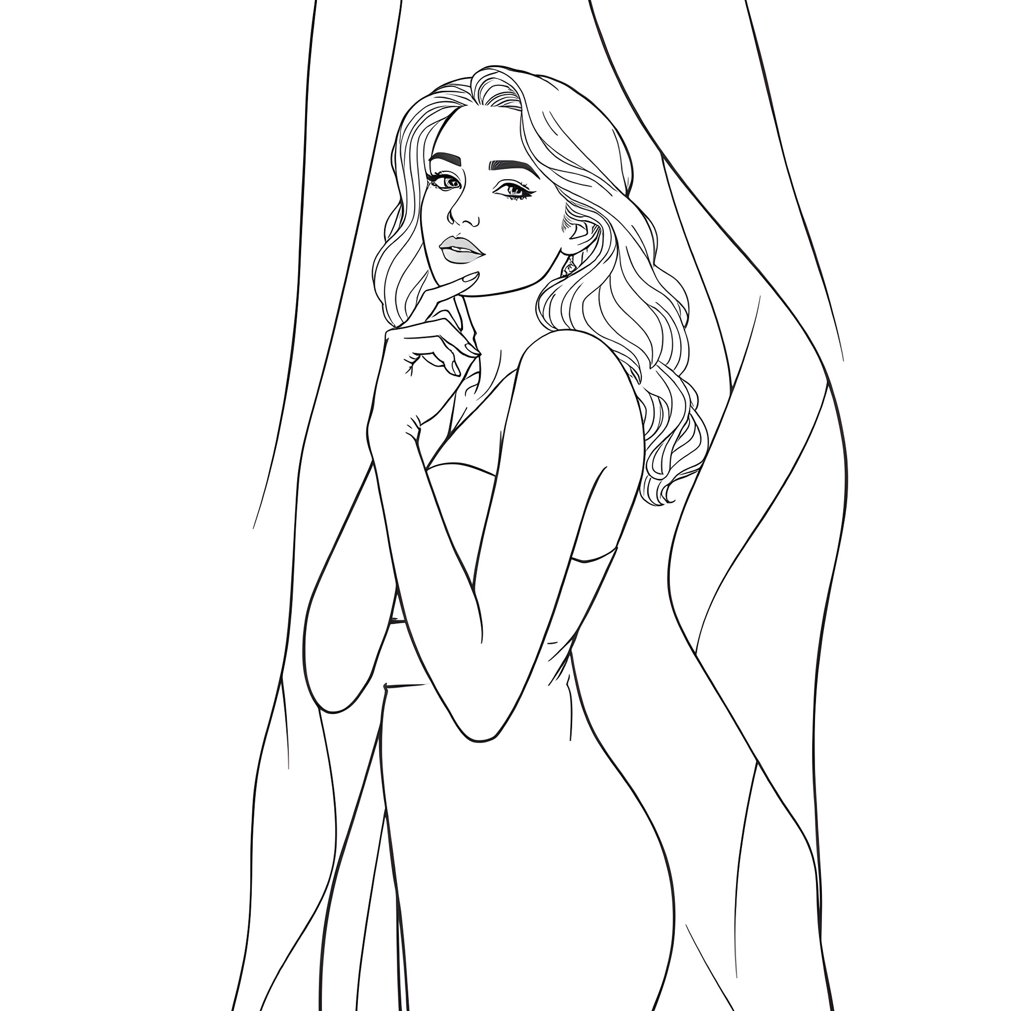 Woman gazing thoughtfully with long flowing hair Coloring Page (free black-and-white line drawing printable PDF for all, from beginners to advanced learners, including children, teens, adults, and seniors)