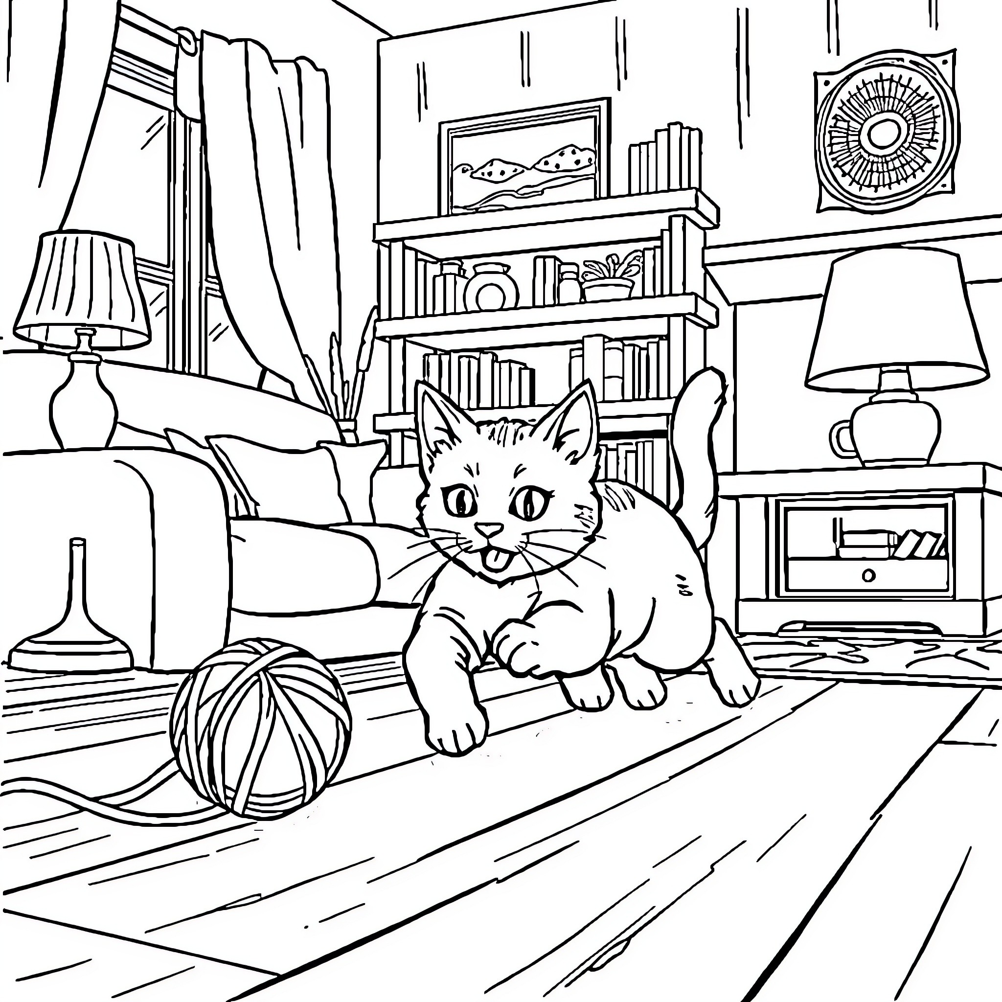 Cat playing in cozy home interior Coloring Page (free black-and-white line drawing printable PDF for all, from beginners to advanced learners, including children, teens, adults, and seniors)