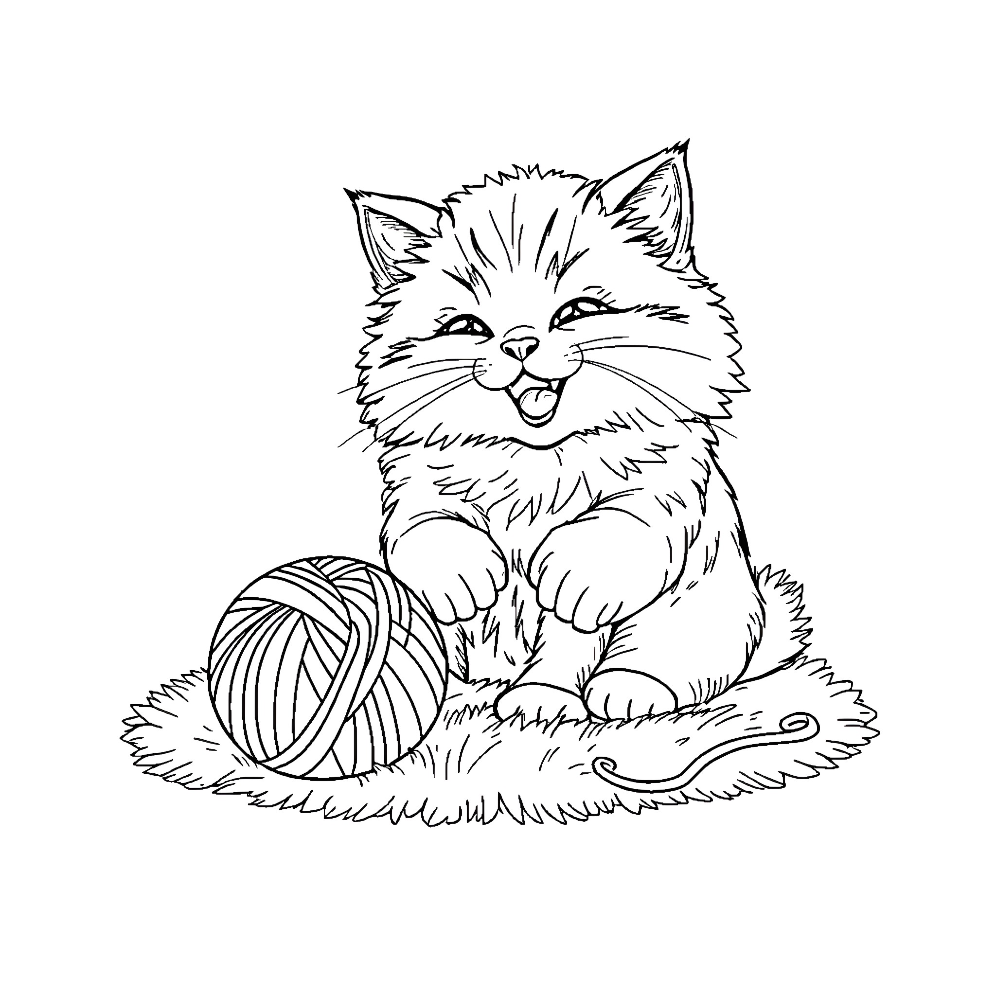 Cat playing with yarn and looking happy Coloring Page (free black-and-white line drawing printable PDF for all, from beginners to advanced learners, including children, teens, adults, and seniors)