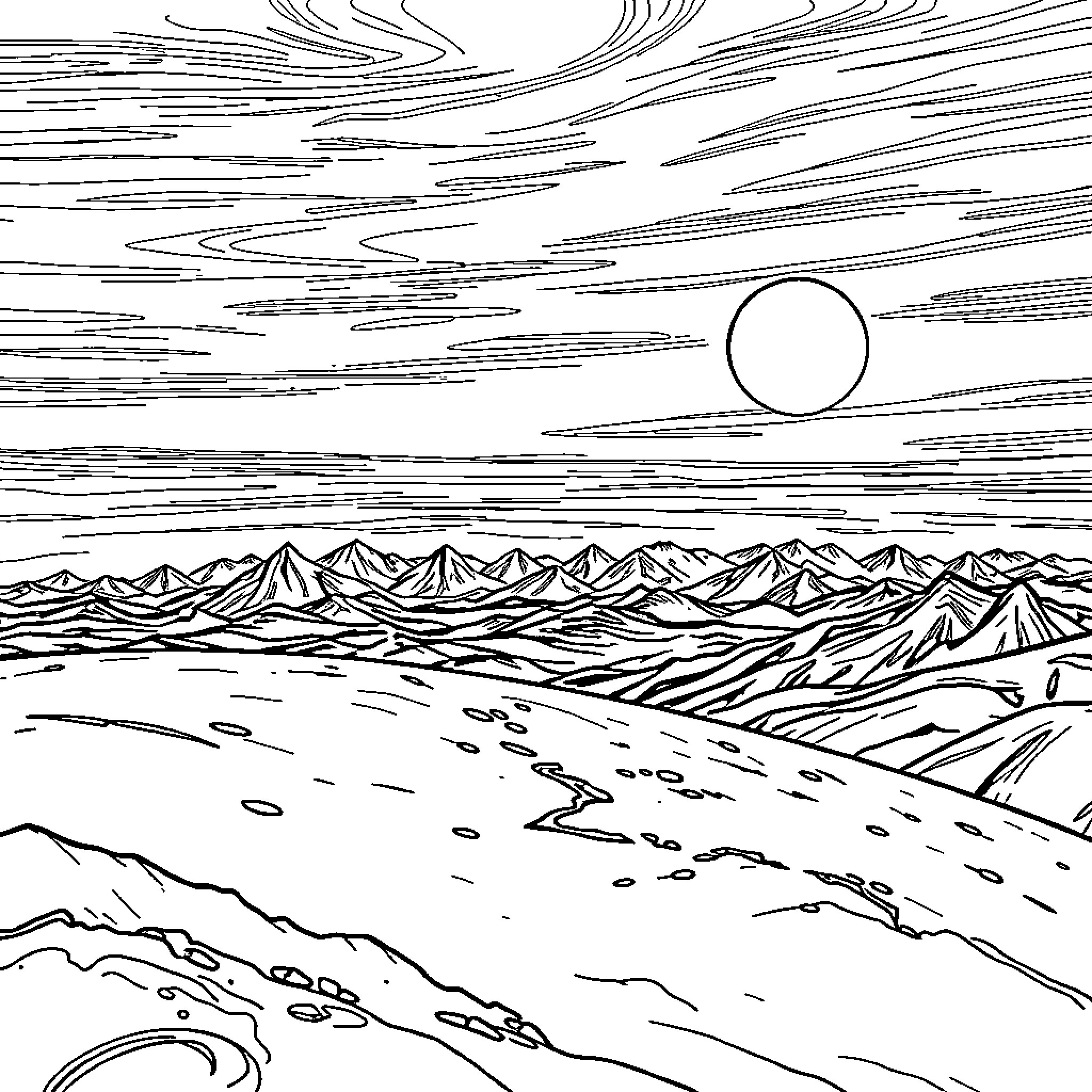 Flat Earth Landscape with Mountainous Horizon Coloring Page (free black-and-white line drawing printable PDF for all, from beginners to advanced learners, including children, teens, adults, and seniors)