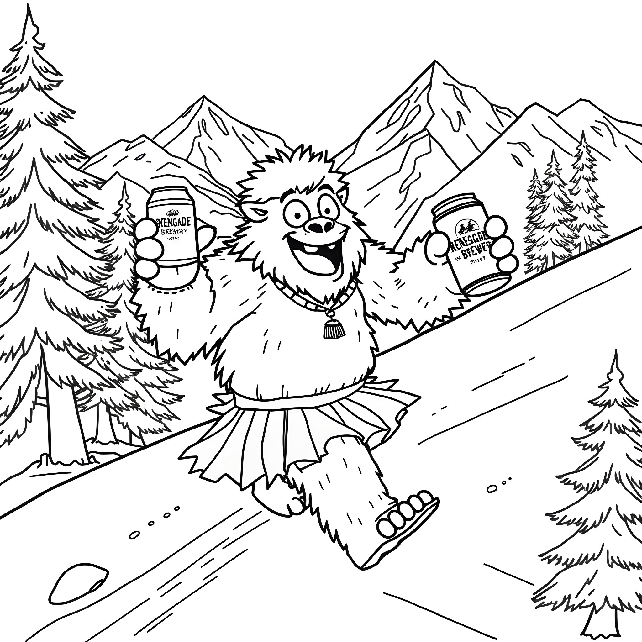 Yeti Enjoying a Snowy Adventure Coloring Page (free black-and-white line drawing printable PDF for all, from beginners to advanced learners, including children, teens, adults, and seniors)