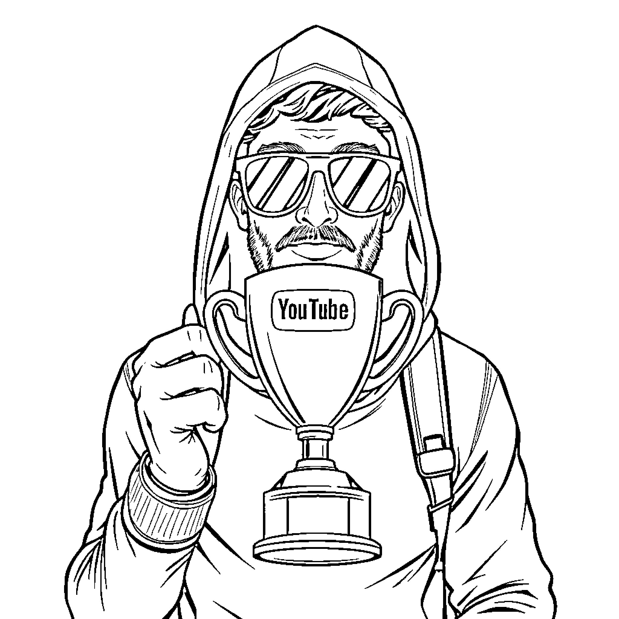 Person holding YouTube trophy in hooded outfit Coloring Page (free black-and-white line drawing printable PDF for all, from beginners to advanced learners, including children, teens, adults, and seniors)