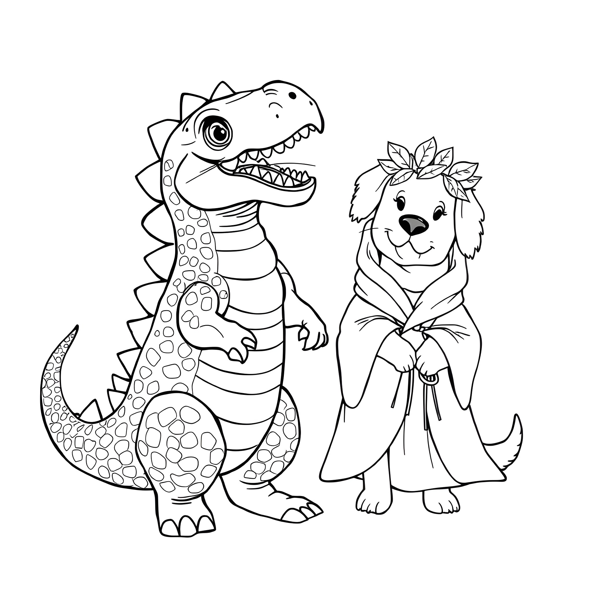 Cat and Dog Dressed Up in Costume Coloring Page (free black-and-white line drawing printable PDF for all, from beginners to advanced learners, including children, teens, adults, and seniors)