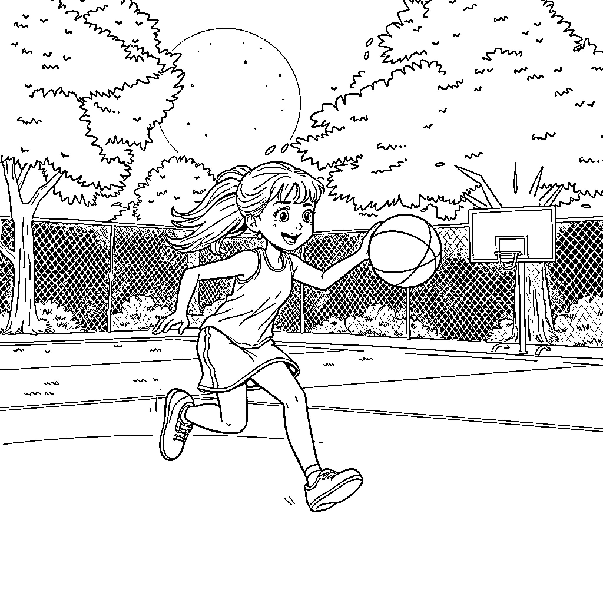 Stella playing basketball on the court Coloring Page (free black-and-white line drawing printable PDF for all, from beginners to advanced learners, including children, teens, adults, and seniors)