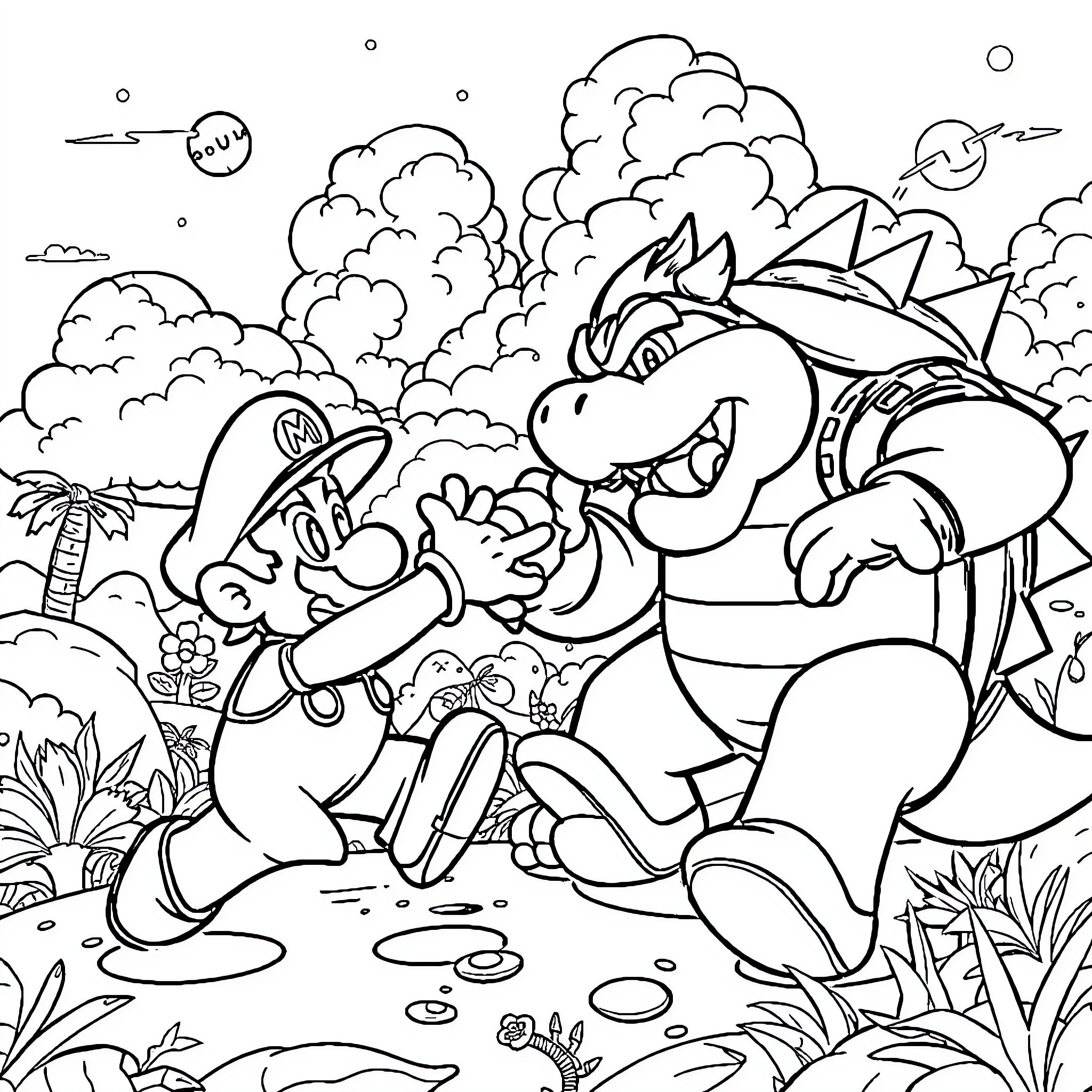 Mario and Bowser's Outdoor Adventure Coloring Page (free black-and-white line drawing printable PDF for all, from beginners to advanced learners, including children, teens, adults, and seniors)