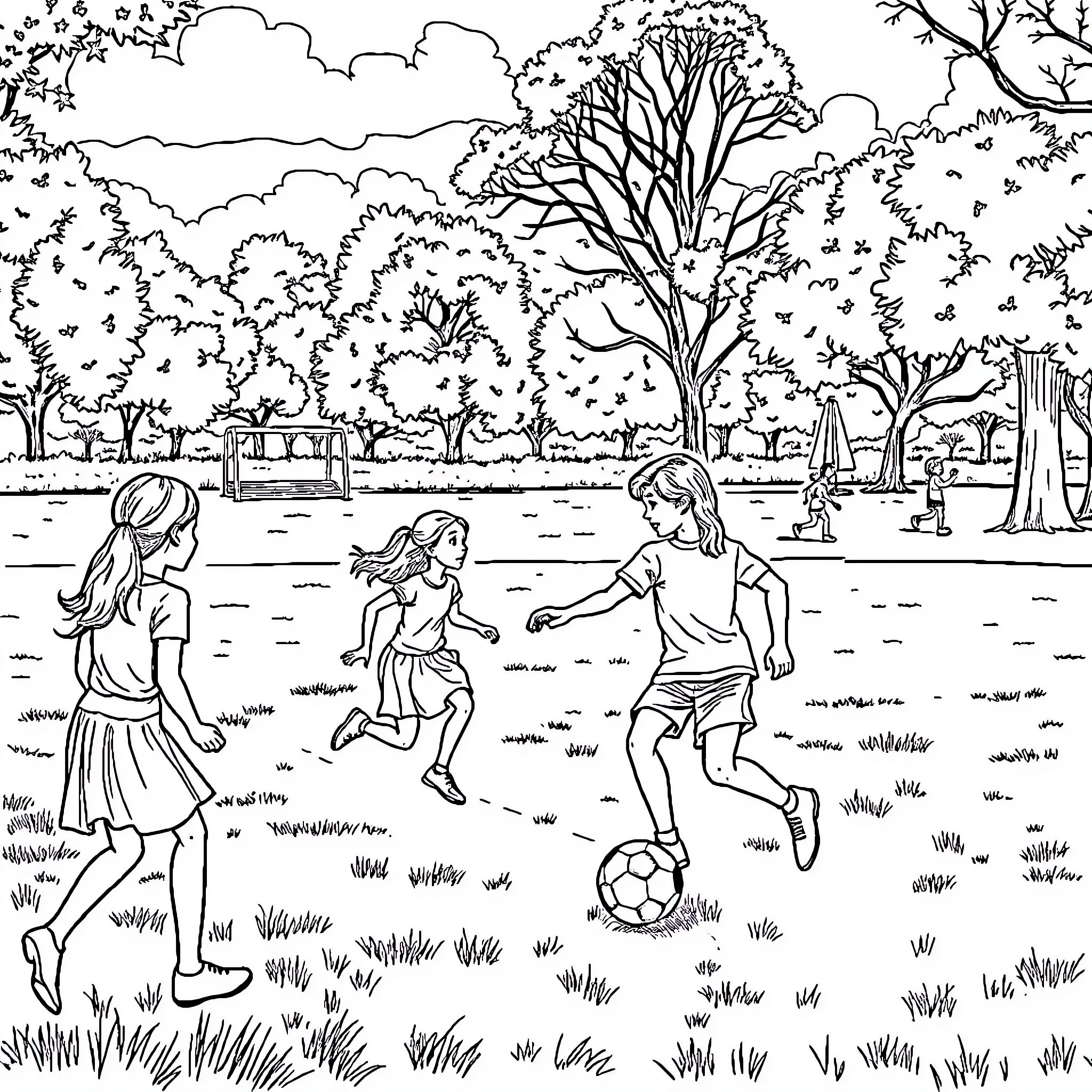 Homme playing soccer with friends in the park Coloring Page (free black-and-white line drawing printable PDF for all, from beginners to advanced learners, including children, teens, adults, and seniors)