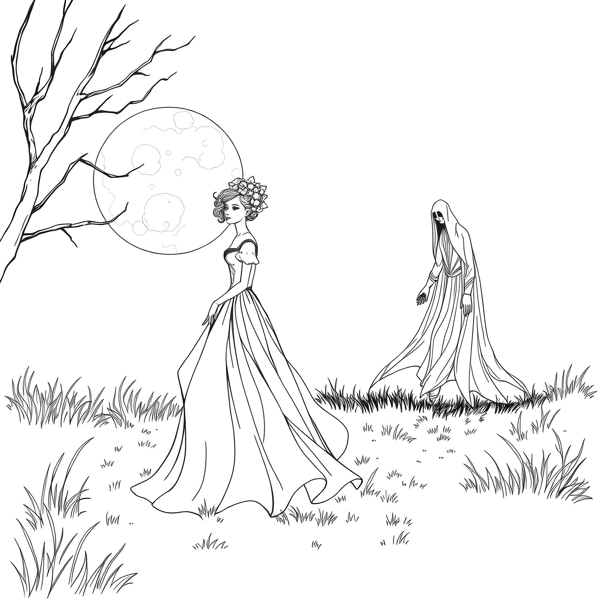 Duchess in Elegant Gowns Admiring Moonlit Landscape Coloring Page (free black-and-white line drawing printable PDF for all, from beginners to advanced learners, including children, teens, adults, and seniors)