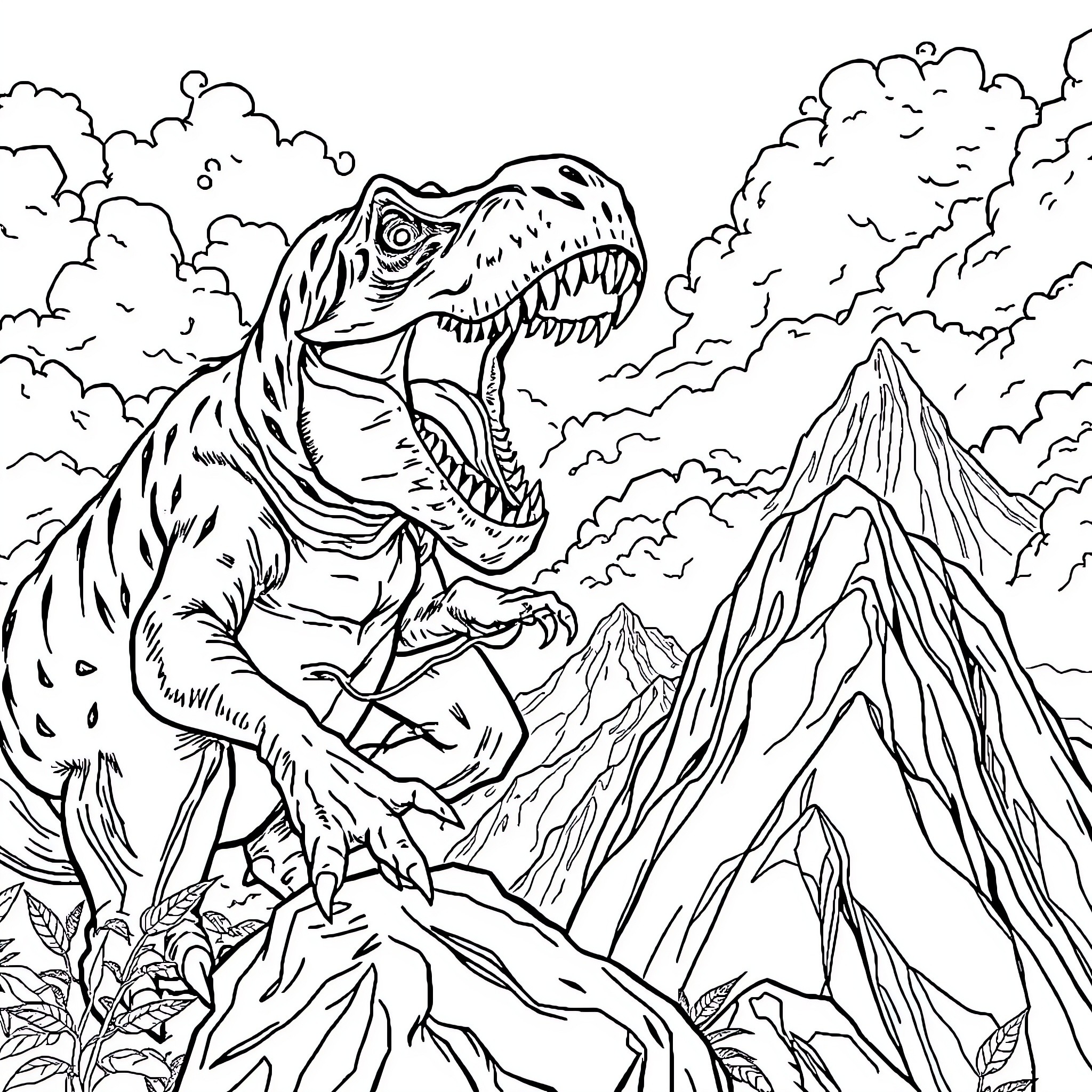 T-Rex roaring amidst mountains and clouds Coloring Page (free black-and-white line drawing printable PDF for all, from beginners to advanced learners, including children, teens, adults, and seniors)