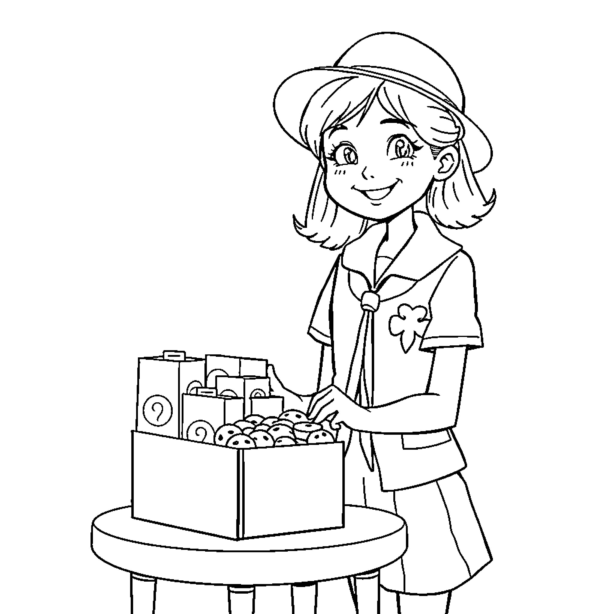Girl Scout selling cookies with a smile Coloring Page (free black-and-white line drawing printable PDF for all, from beginners to advanced learners, including children, teens, adults, and seniors)