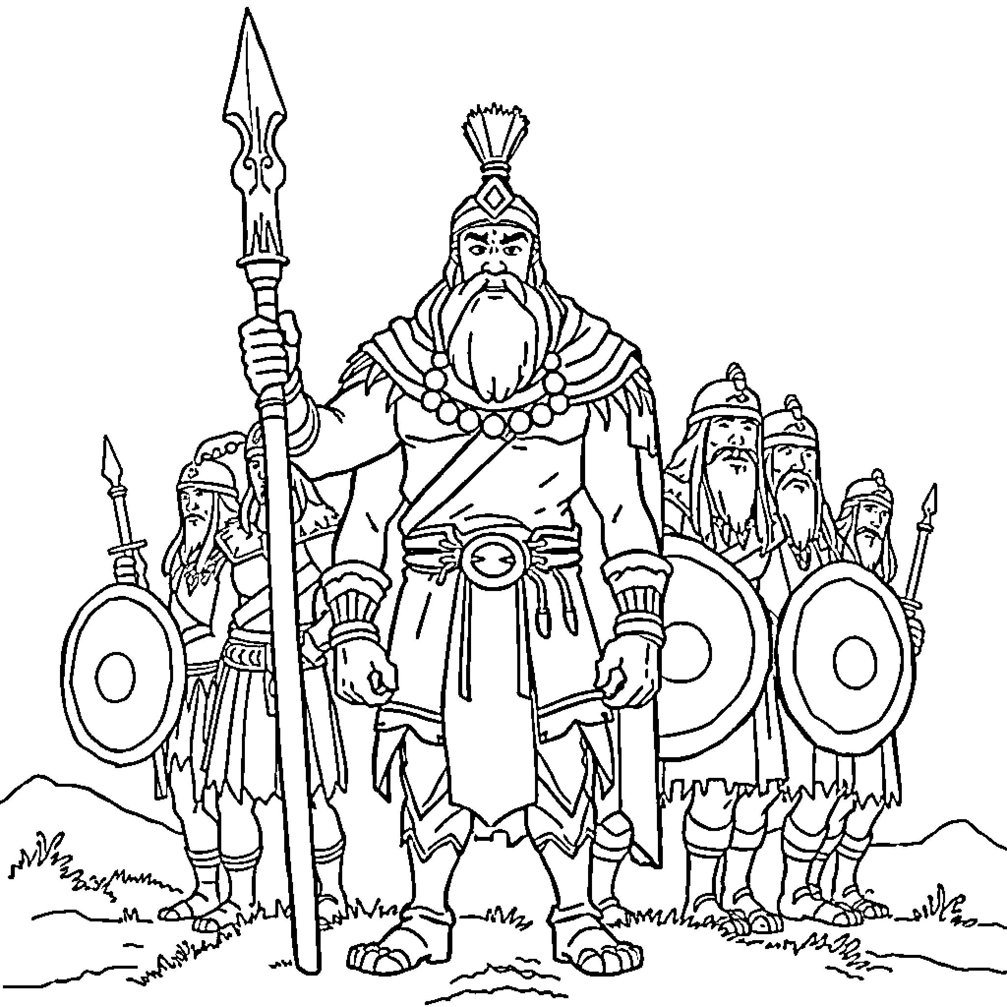 Warrior leader and his army in battle formation Coloring Page (free black-and-white line drawing printable PDF for all, from beginners to advanced learners, including children, teens, adults, and seniors)