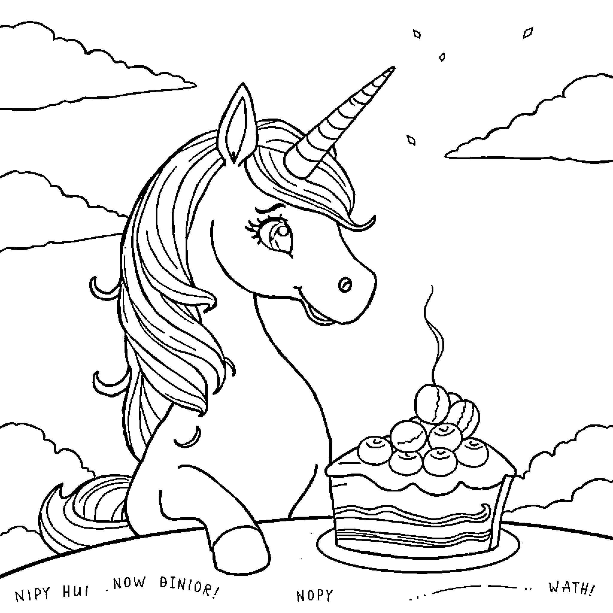 Unicorn enjoying a delicious cake outdoors Coloring Page (free black-and-white line drawing printable PDF for all, from beginners to advanced learners, including children, teens, adults, and seniors)