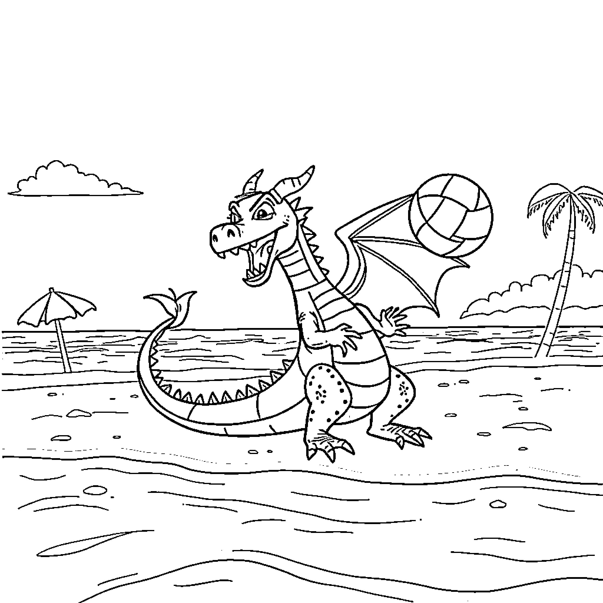 Dragon enjoying a beach day with ball and floatie Coloring Page (free black-and-white line drawing printable PDF for all, from beginners to advanced learners, including children, teens, adults, and seniors)