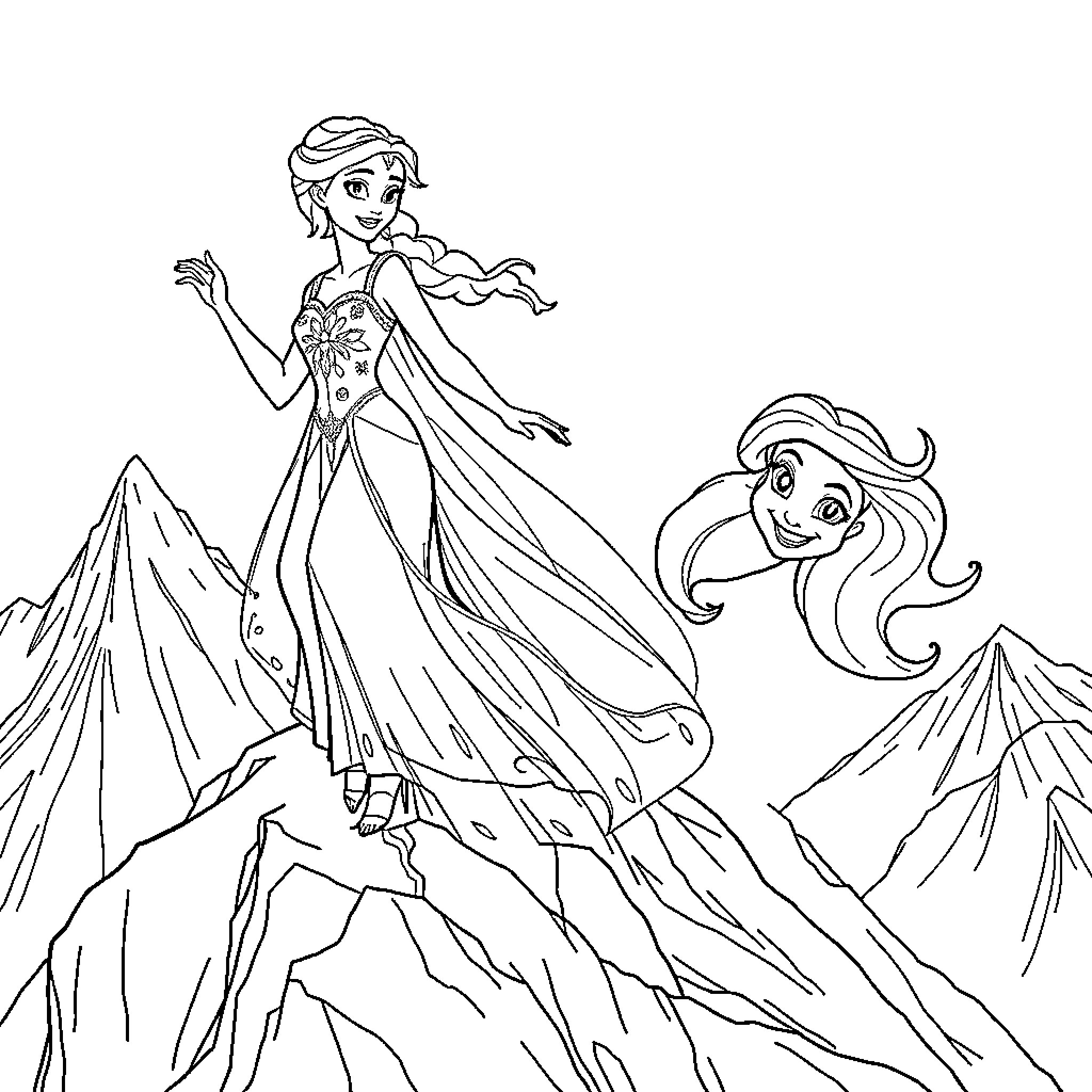 Elsa enjoying the winter wonderland with Olaf Coloring Page (free black-and-white line drawing printable PDF for all, from beginners to advanced learners, including children, teens, adults, and seniors)