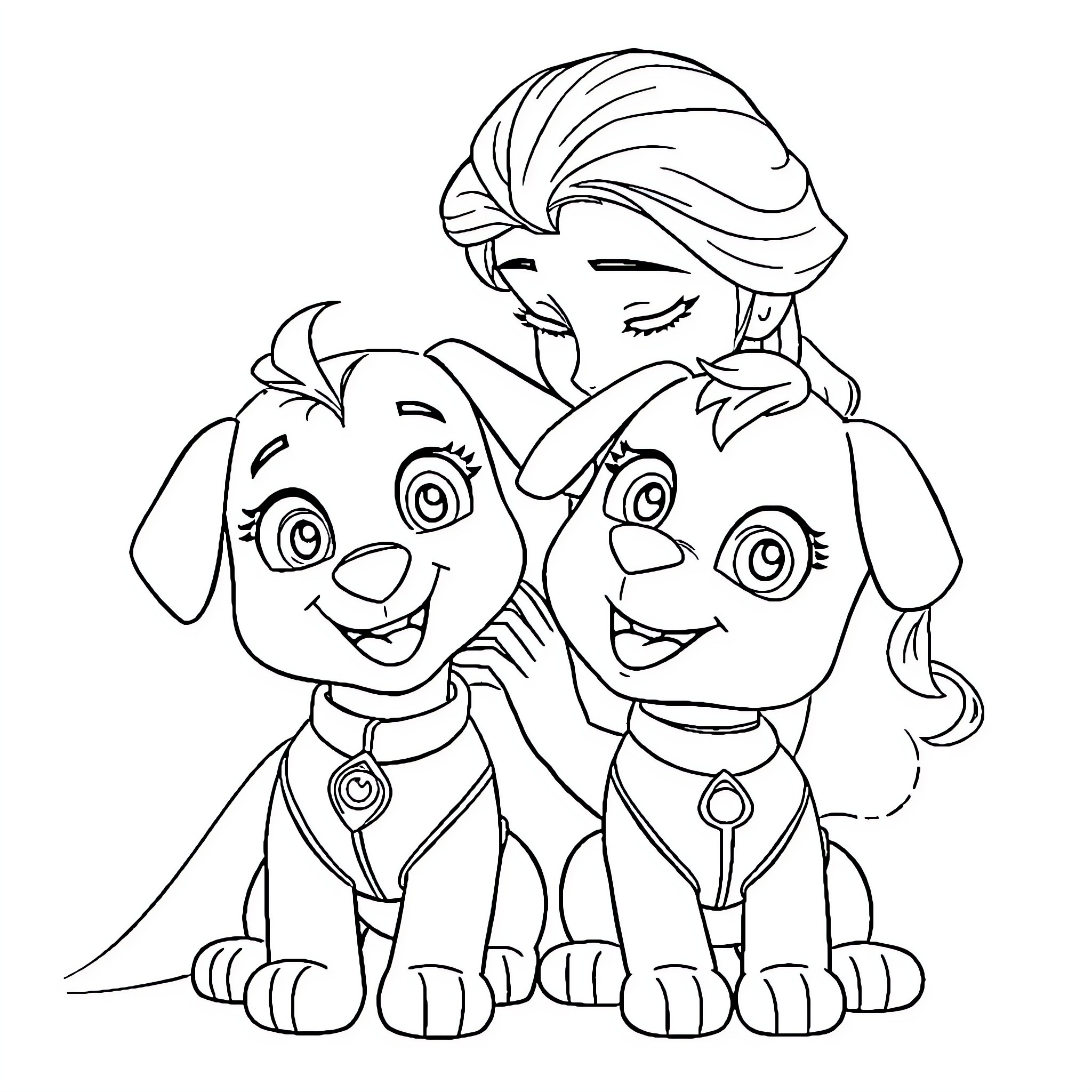 Elsa embracing two playful puppies Coloring Page (free black-and-white line drawing printable PDF for all, from beginners to advanced learners, including children, teens, adults, and seniors)