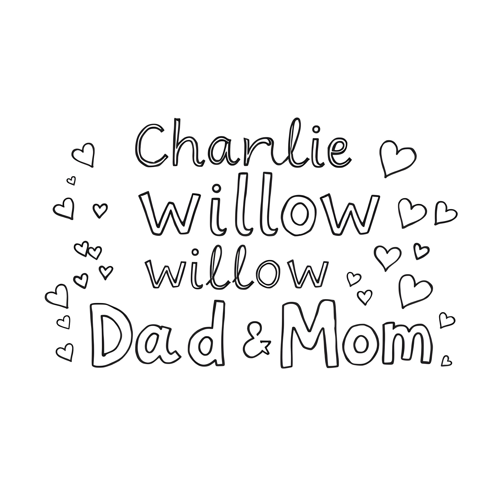 Charlie Willow and family love Coloring Page (free black-and-white line drawing printable PDF for all, from beginners to advanced learners, including children, teens, adults, and seniors)