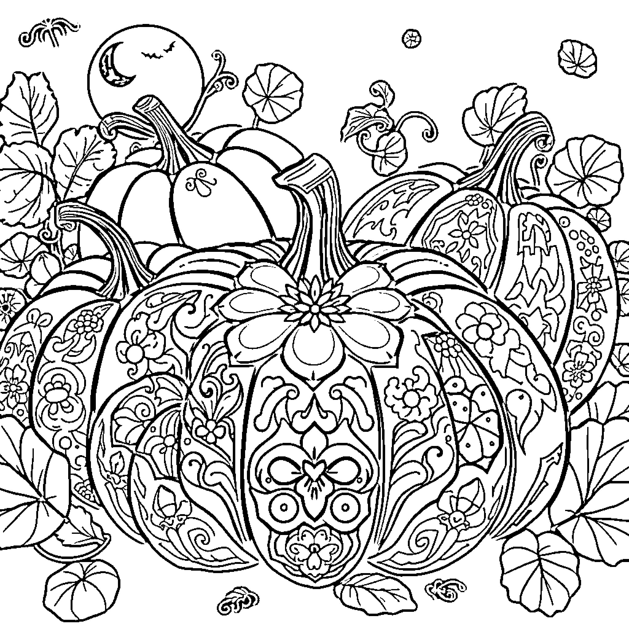 Pumpkins adorned with intricate patterns and decorations Coloring Page (free black-and-white line drawing printable PDF for all, from beginners to advanced learners, including children, teens, adults, and seniors)