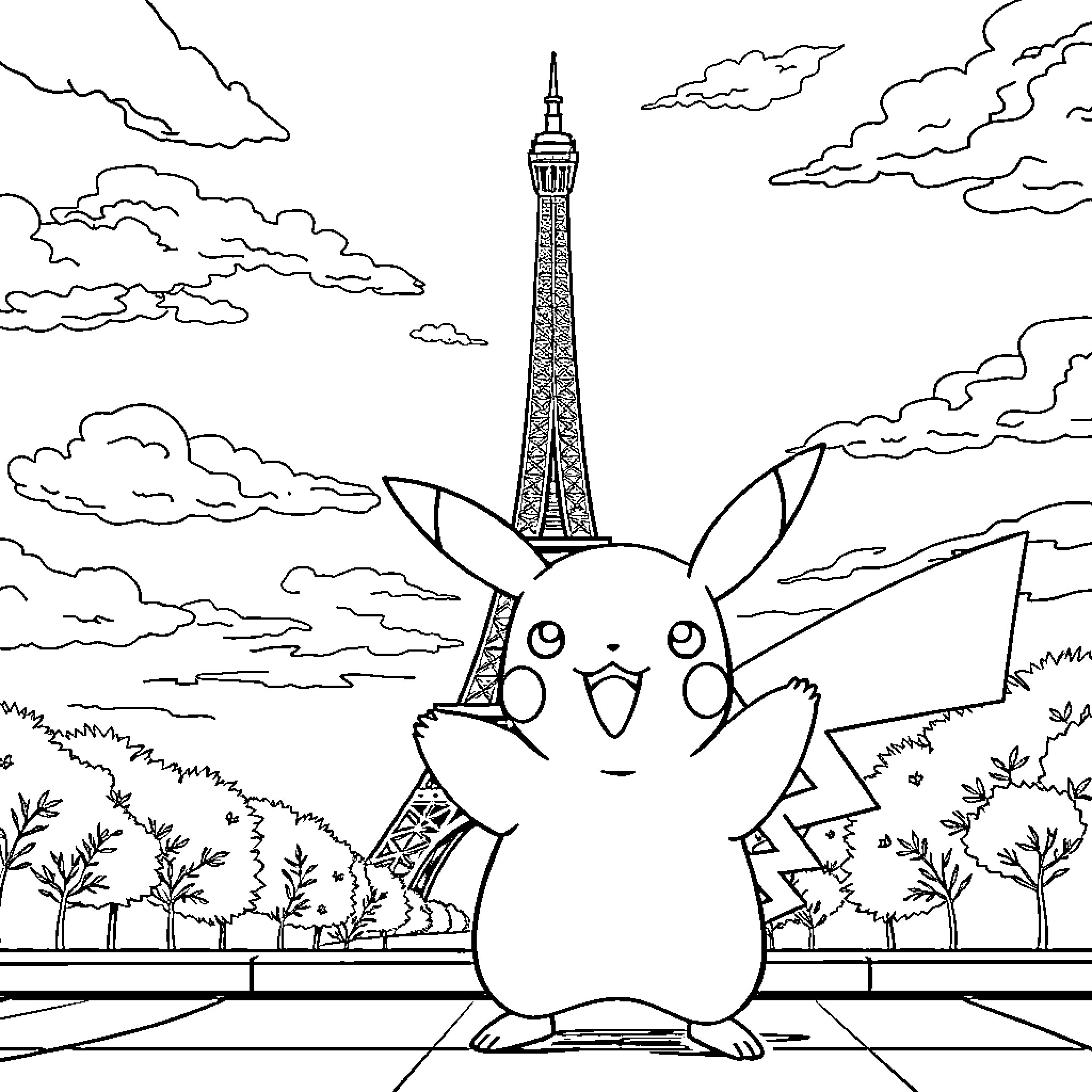 Pikachu exploring the scenic Paris landscape Coloring Page (free black-and-white line drawing printable PDF for all, from beginners to advanced learners, including children, teens, adults, and seniors)