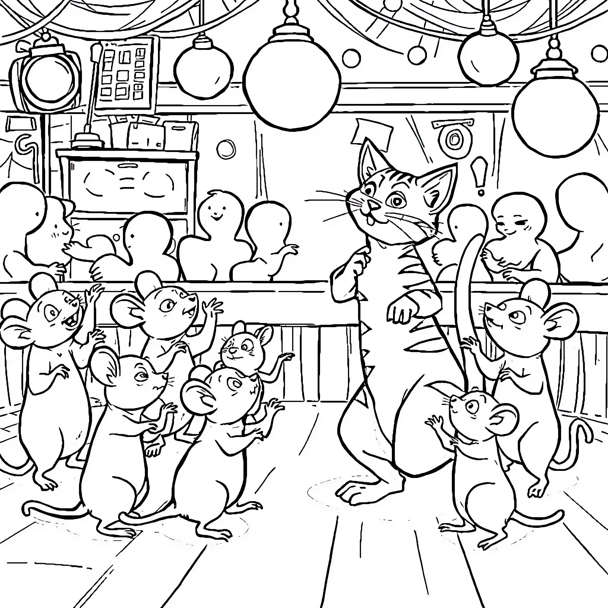 Mouse party with festive decorations and friends Coloring Page (free black-and-white line drawing printable PDF for all, from beginners to advanced learners, including children, teens, adults, and seniors)