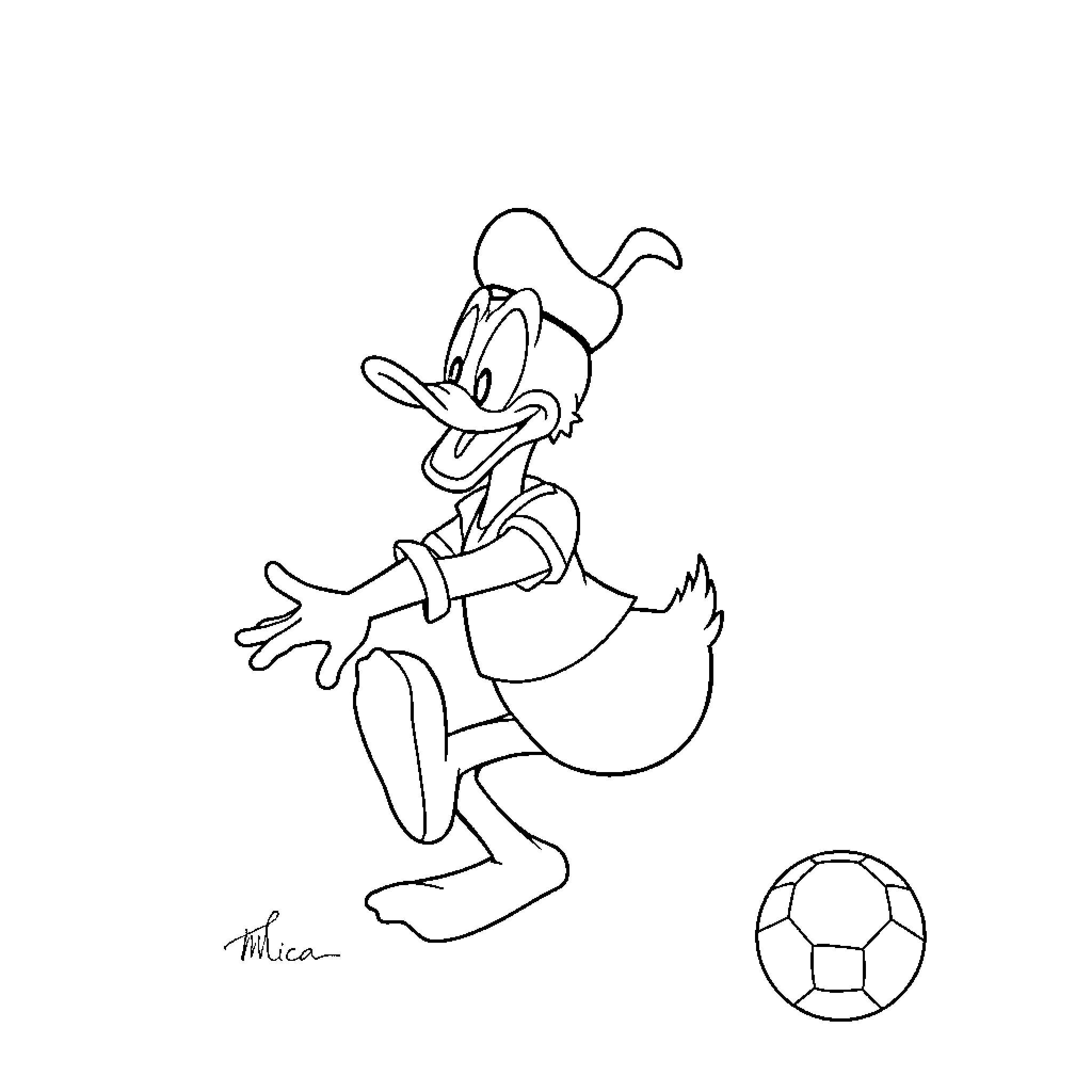 Donald Duck playing with a soccer ball Coloring Page (free black-and-white line drawing printable PDF for all, from beginners to advanced learners, including children, teens, adults, and seniors)