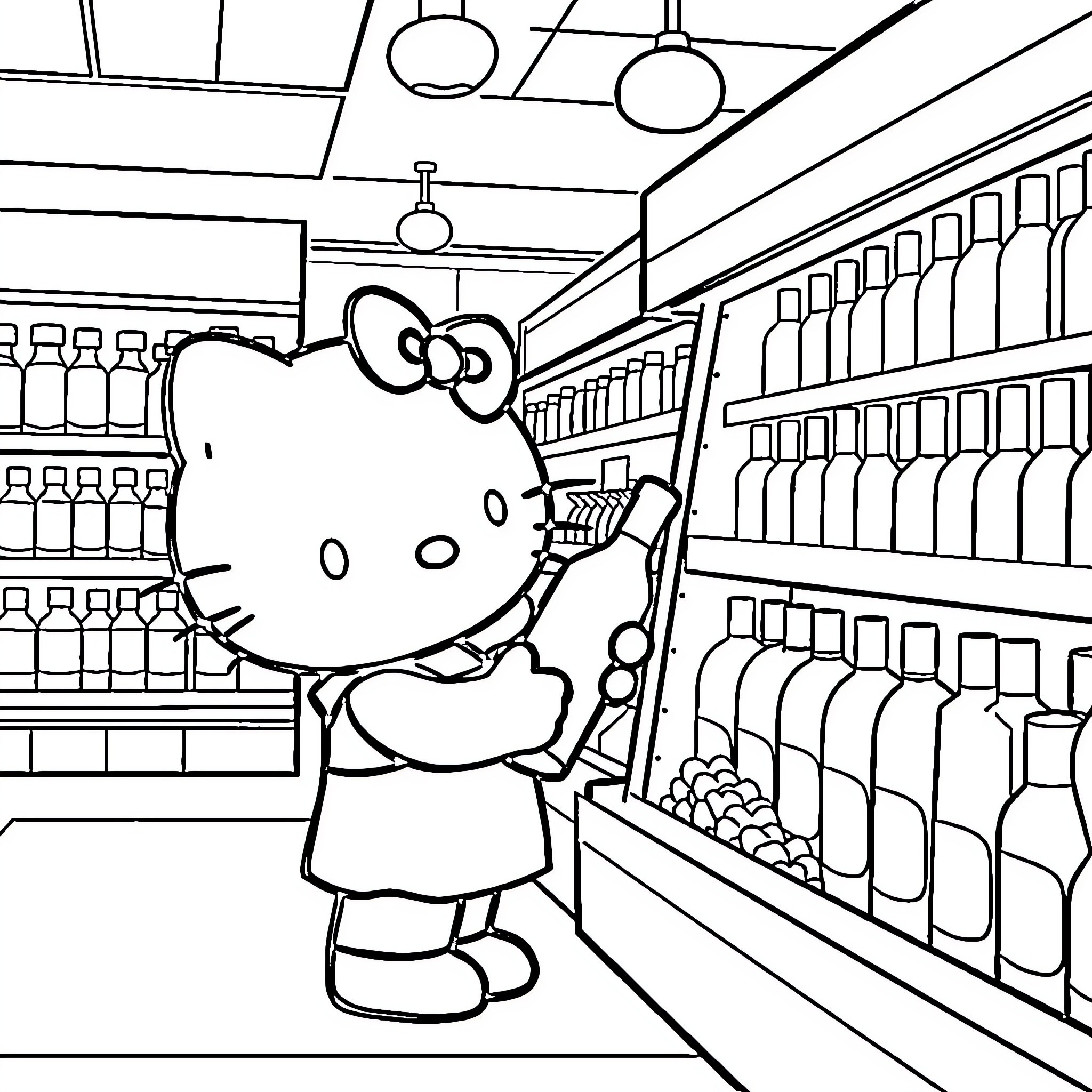 Hello Kitty shopping in the grocery store Coloring Page (free black-and-white line drawing printable PDF for all, from beginners to advanced learners, including children, teens, adults, and seniors)