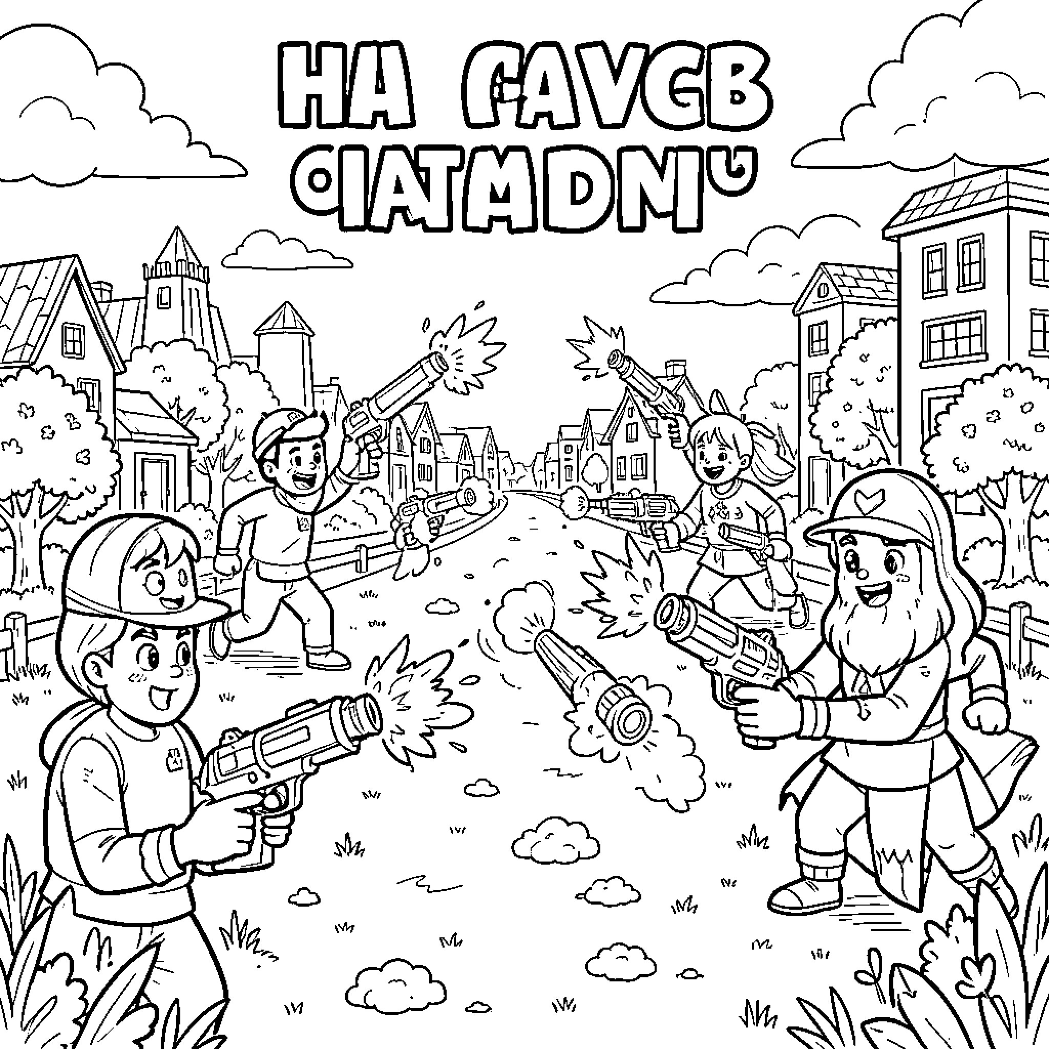 Splatoon characters engaging in a playful urban battle Coloring Page (free black-and-white line drawing printable PDF for all, from beginners to advanced learners, including children, teens, adults, and seniors)