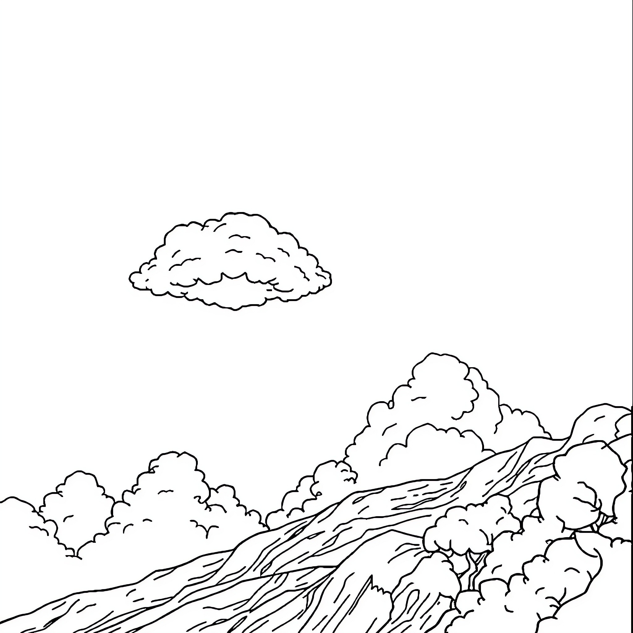Cloud formations over hilly landscape Coloring Page (free black-and-white line drawing printable PDF for all, from beginners to advanced learners, including children, teens, adults, and seniors)