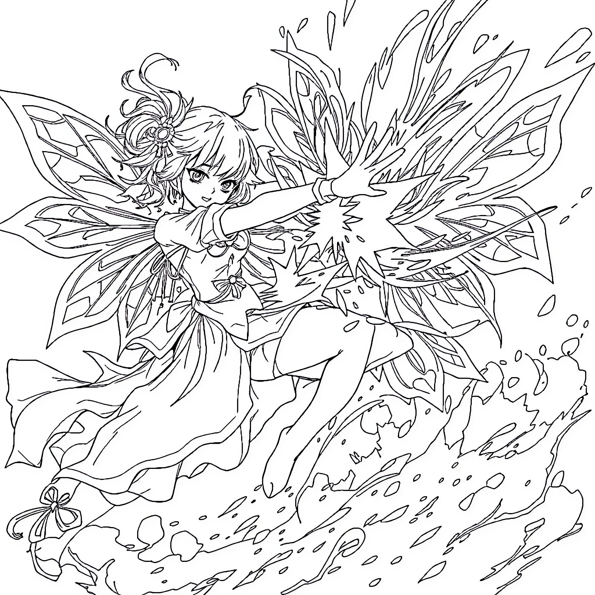 Shinobu Kochou in a dynamic, energetic pose Coloring Page (free black-and-white line drawing printable PDF for all, from beginners to advanced learners, including children, teens, adults, and seniors)