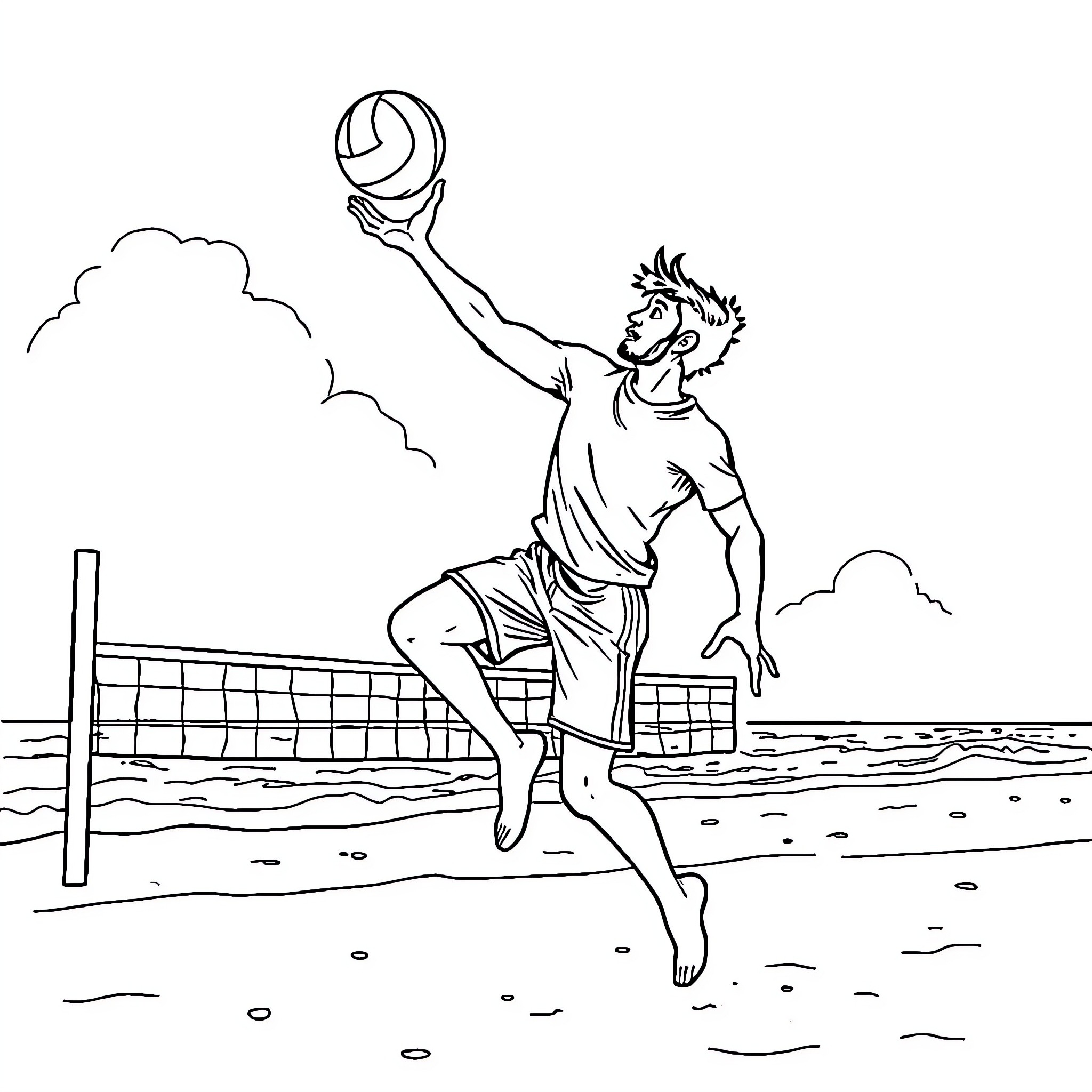 Amitabh jumping to spike the volleyball Coloring Page (free black-and-white line drawing printable PDF for all, from beginners to advanced learners, including children, teens, adults, and seniors)