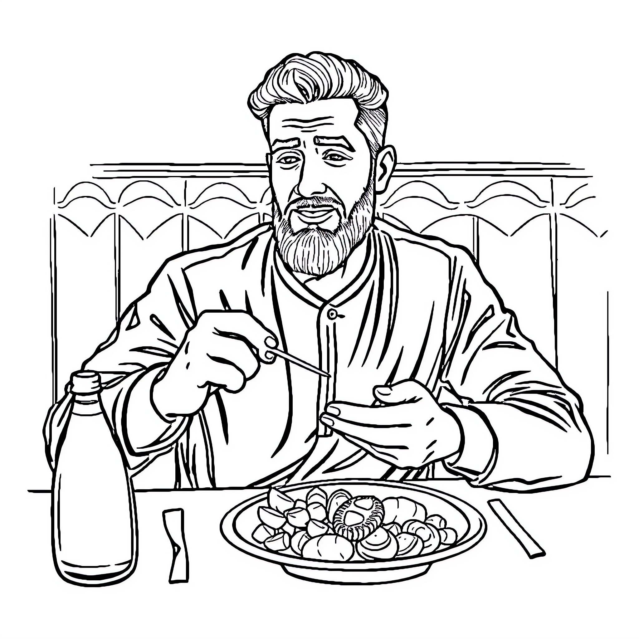 Nizar enjoying a hearty meal at the table Coloring Page (free black-and-white line drawing printable PDF for all, from beginners to advanced learners, including children, teens, adults, and seniors)