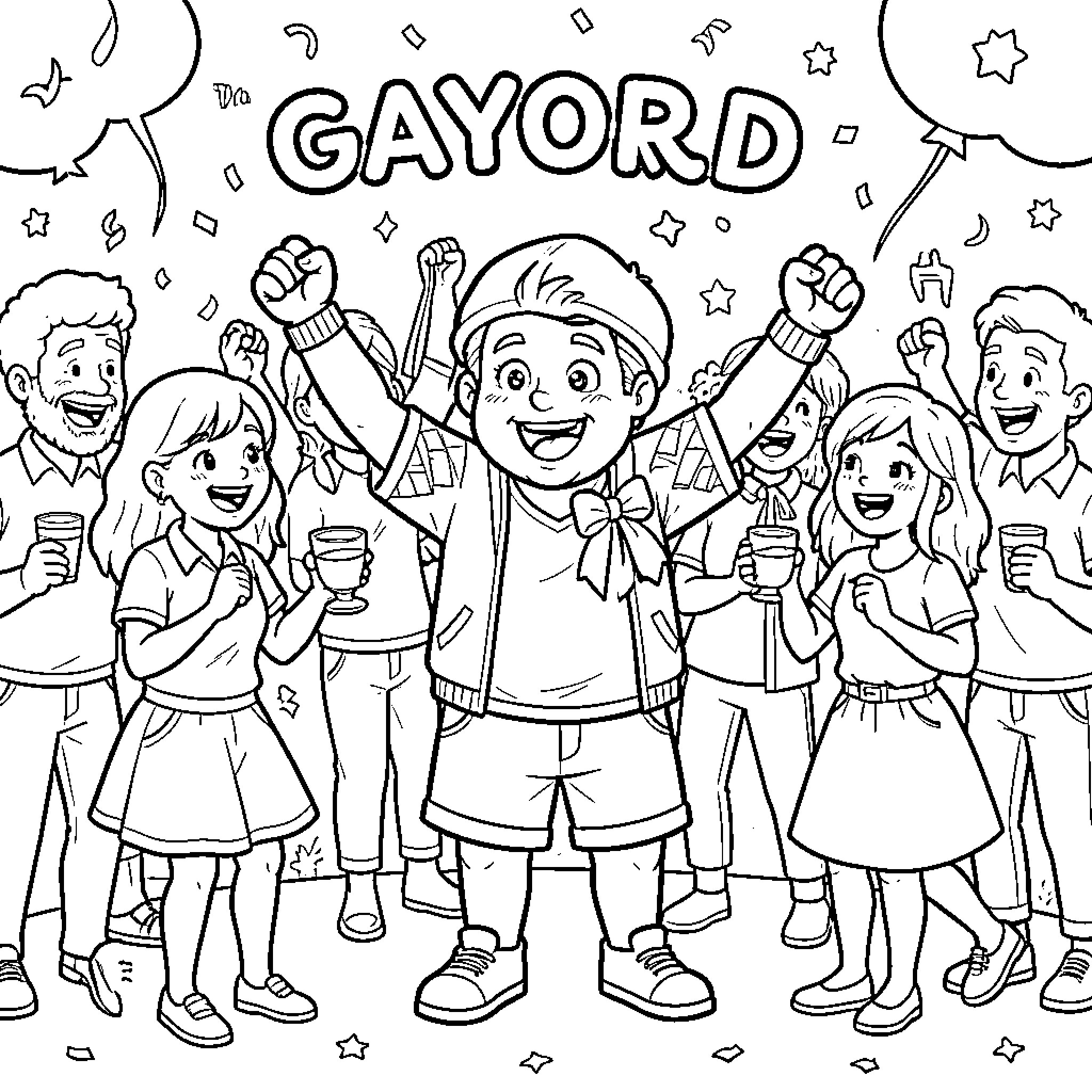 Gaylord's Happy Group Celebration with Friends Coloring Page (free black-and-white line drawing printable PDF for all, from beginners to advanced learners, including children, teens, adults, and seniors)