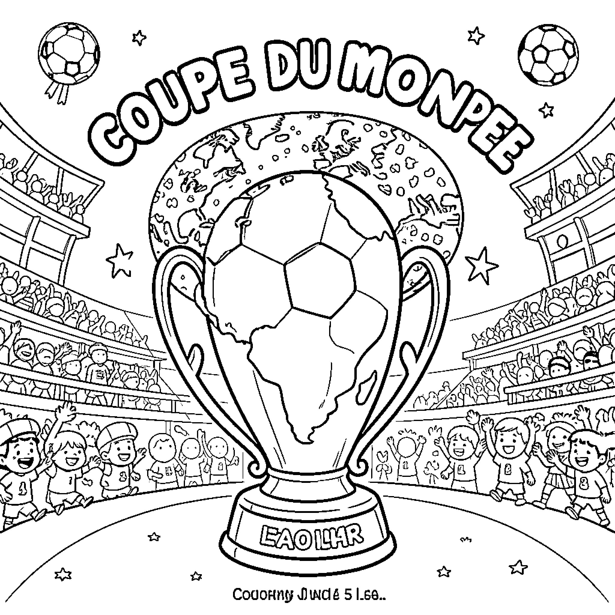 World Cup trophy in a cheering stadium scene Coloring Page (free black-and-white line drawing printable PDF for all, from beginners to advanced learners, including children, teens, adults, and seniors)