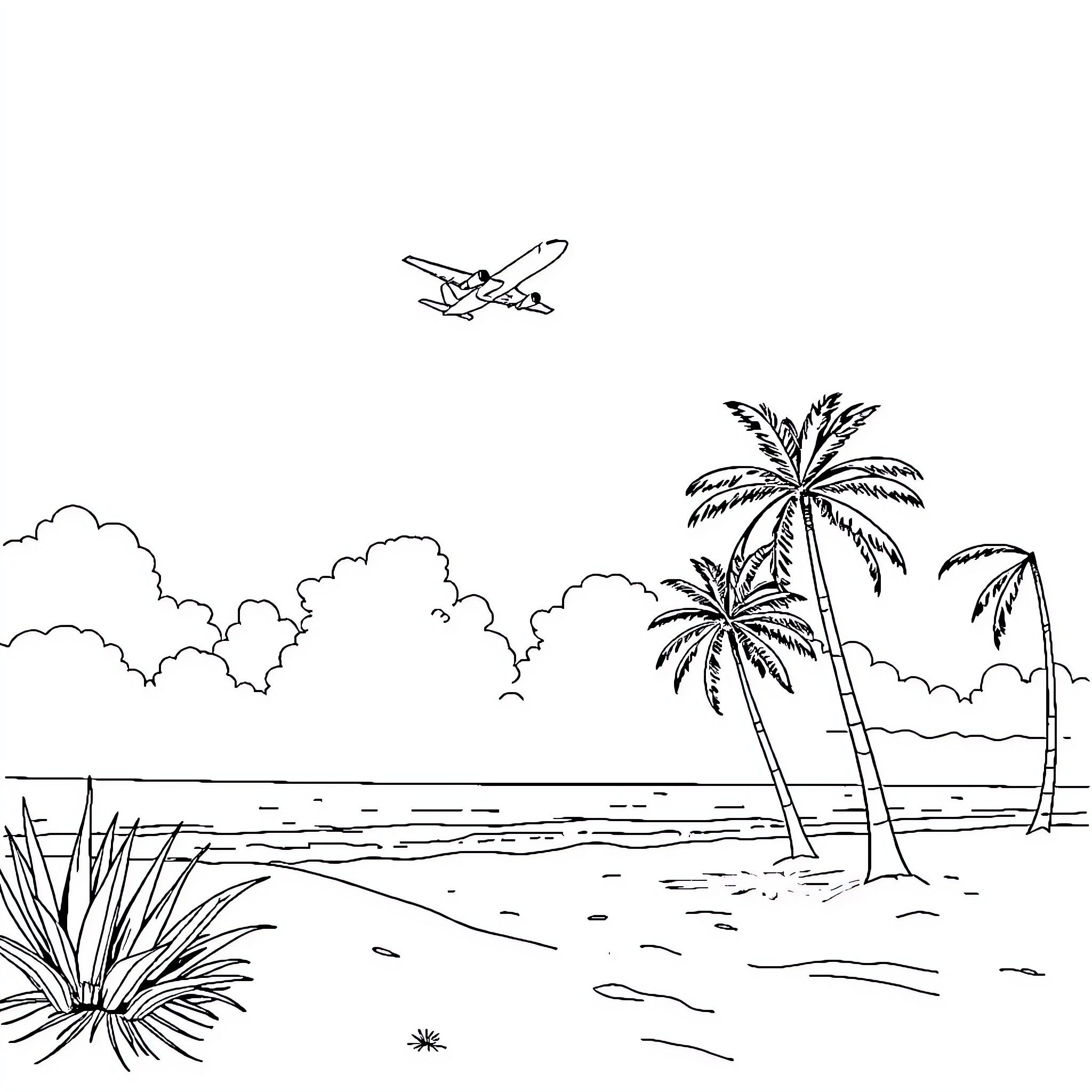 Beach scene with palm trees and airplane Coloring Page (free black-and-white line drawing printable PDF for all, from beginners to advanced learners, including children, teens, adults, and seniors)
