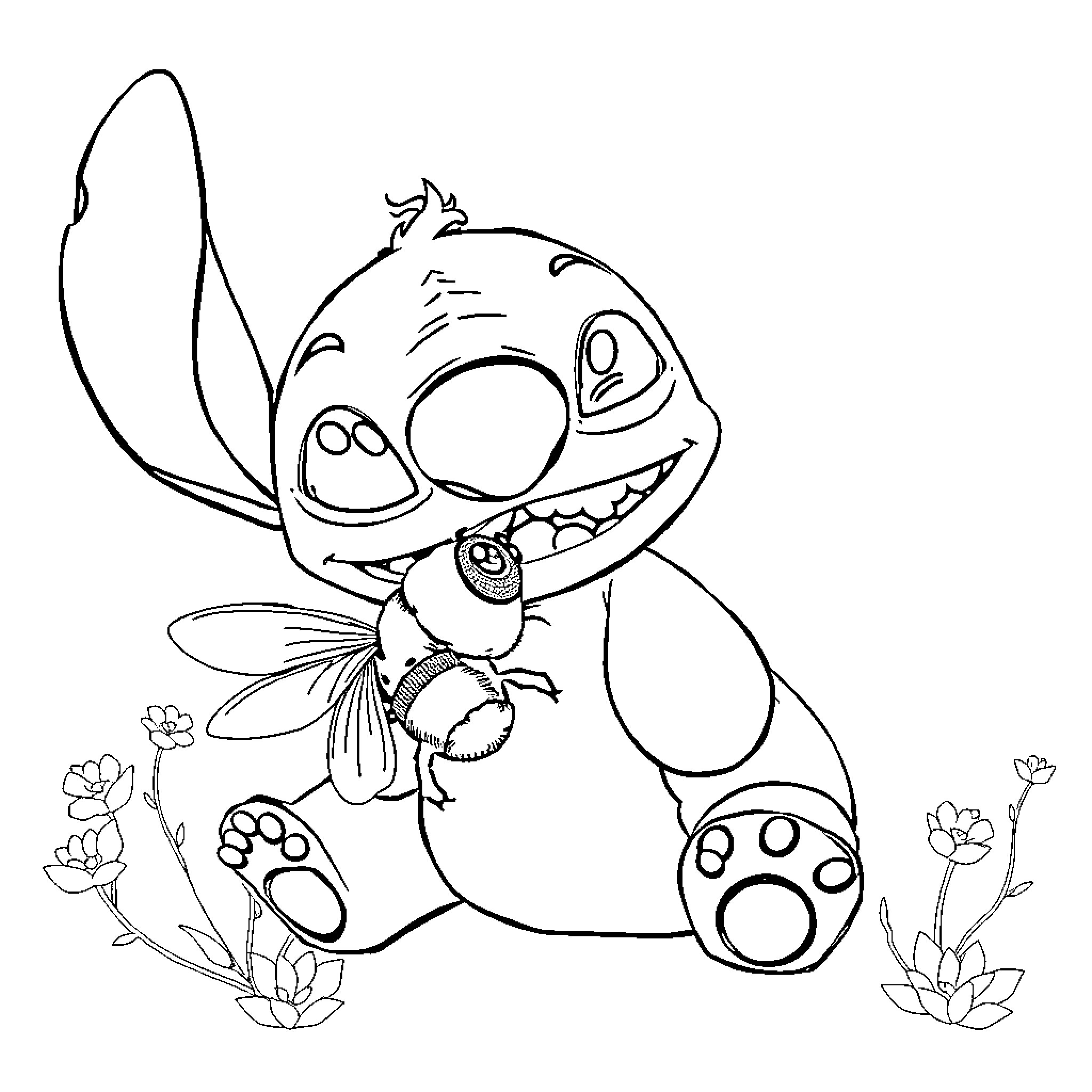 Stitch playing with flowers in the field Coloring Page (free black-and-white line drawing printable PDF for all, from beginners to advanced learners, including children, teens, adults, and seniors)