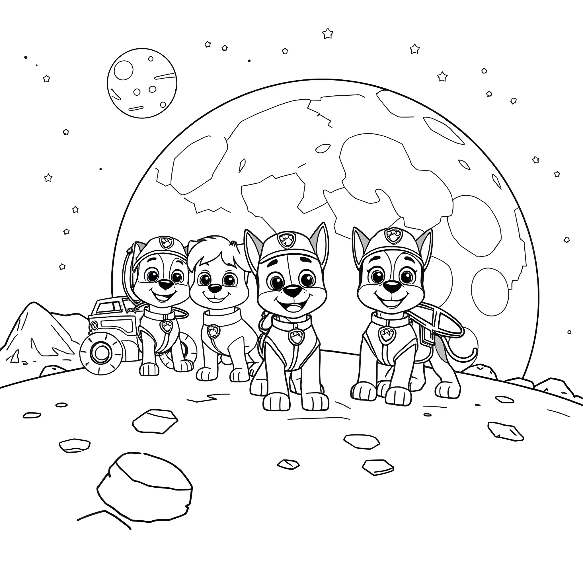 Paw Patrol Puppies Exploring Outer Space Coloring Page (free black-and-white line drawing printable PDF for all, from beginners to advanced learners, including children, teens, adults, and seniors)