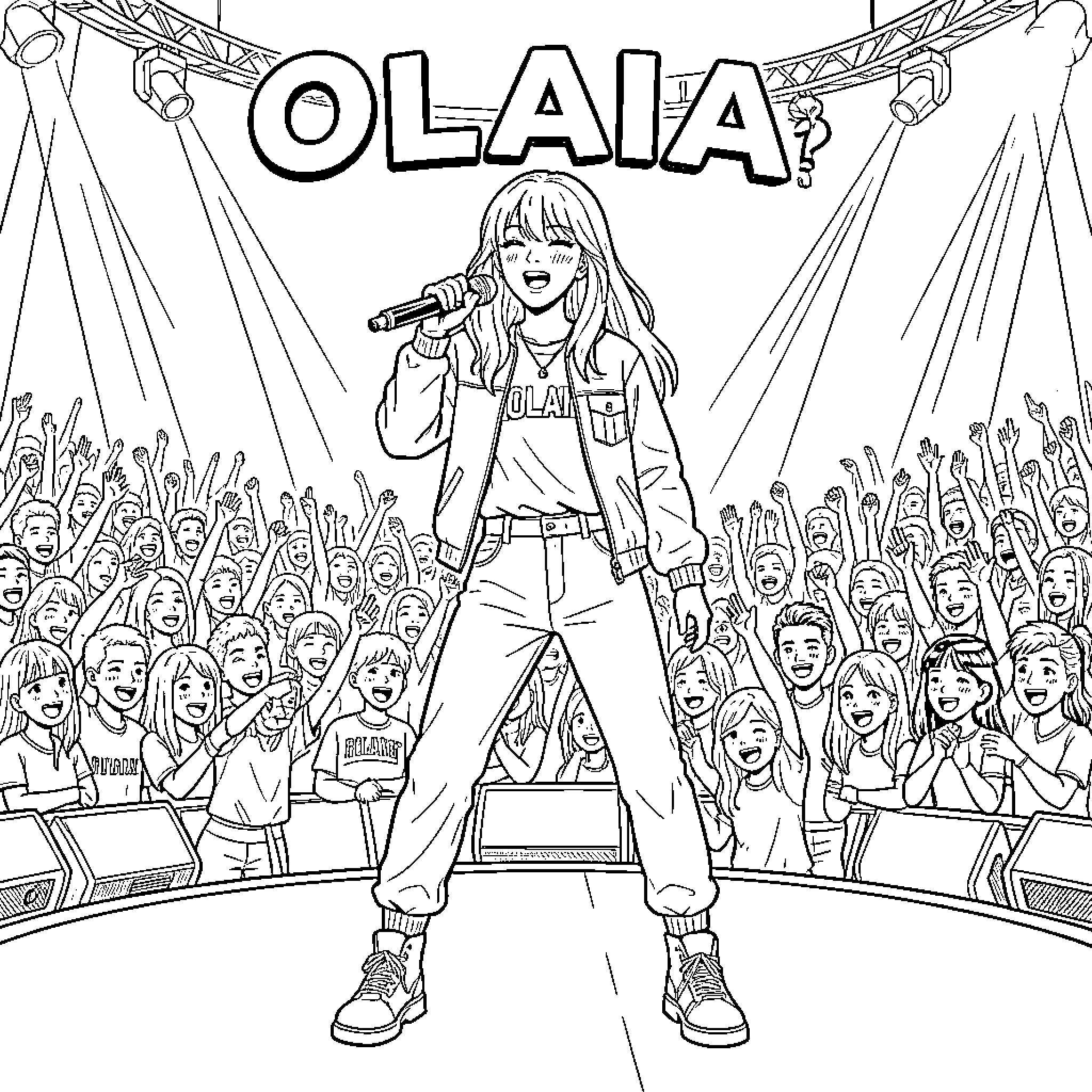 OLAIA singing enthusiastically on stage before a cheering crowd Coloring Page (free black-and-white line drawing printable PDF for all, from beginners to advanced learners, including children, teens, adults, and seniors)