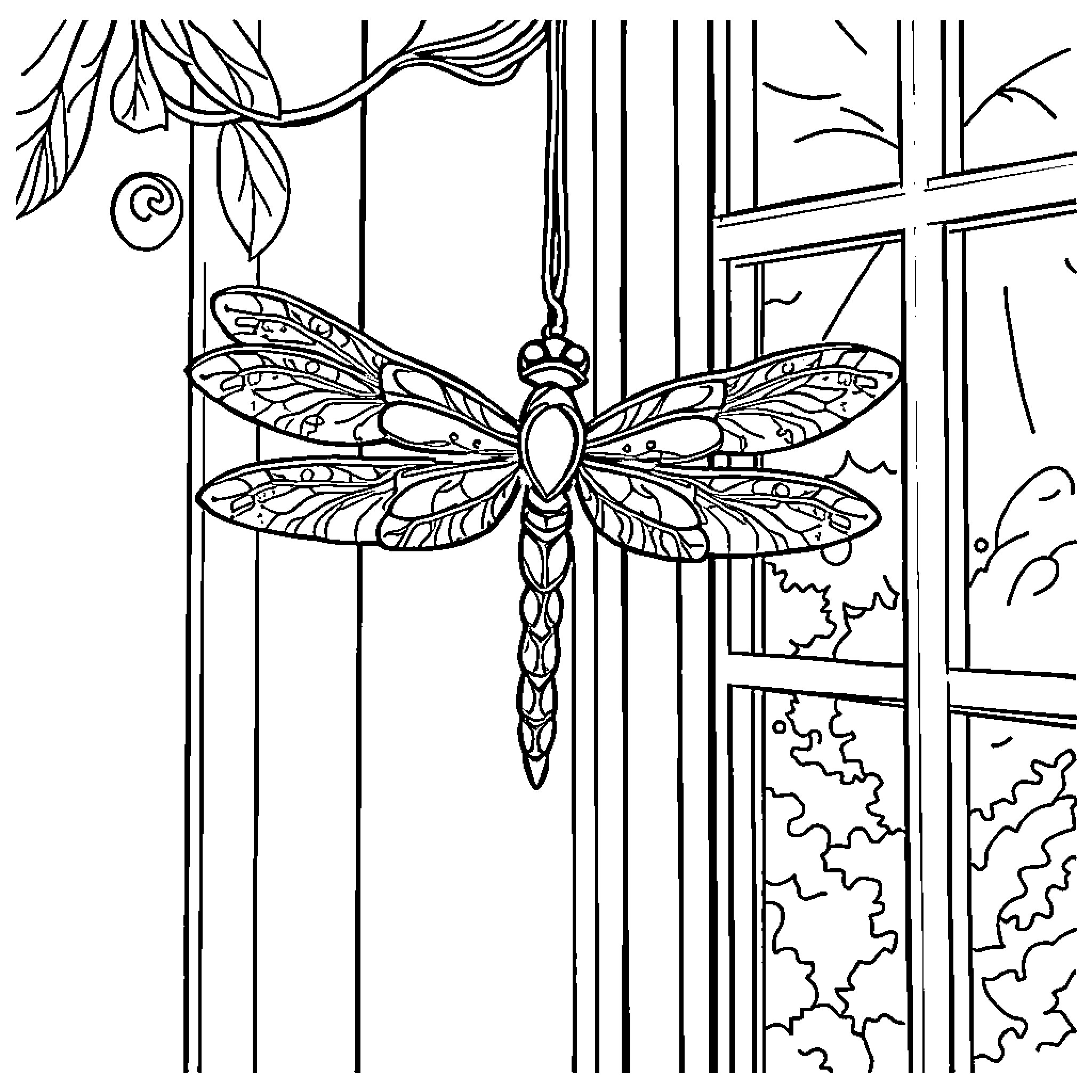 Dragonfly perched on a window frame Coloring Page (free black-and-white line drawing printable PDF for all, from beginners to advanced learners, including children, teens, adults, and seniors)