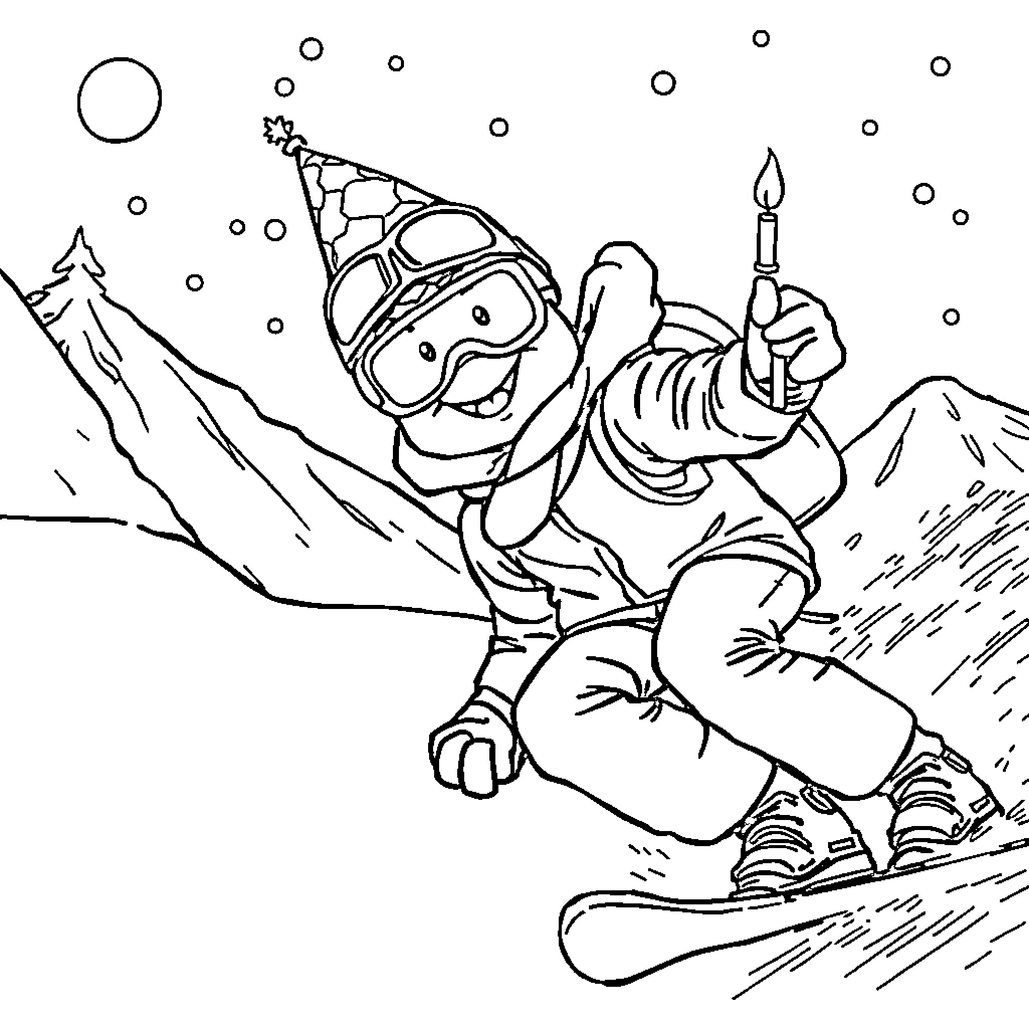Luck in the Snowy Adventure Coloring Page (free black-and-white line drawing printable PDF for all, from beginners to advanced learners, including children, teens, adults, and seniors)