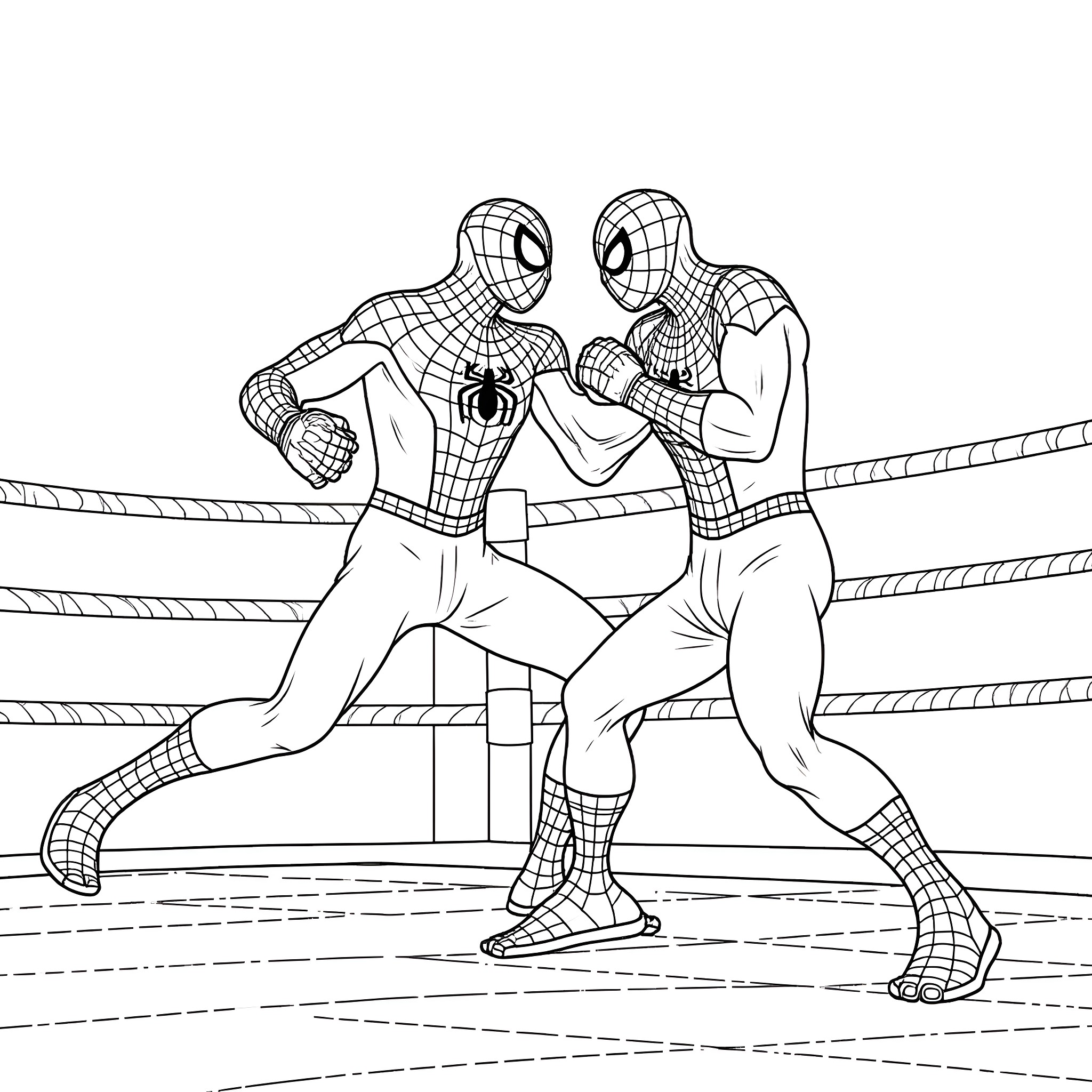 Spider-Man Heroic Showdown in the Ring Coloring Page (free black-and-white line drawing printable PDF for all, from beginners to advanced learners, including children, teens, adults, and seniors)