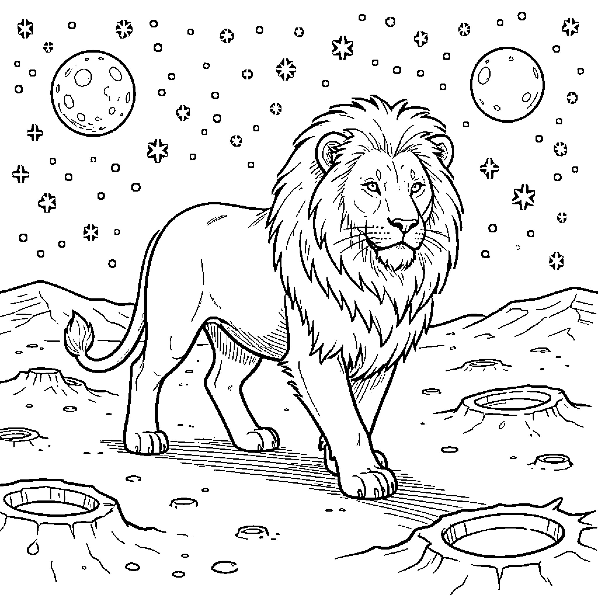 Lion walking majestically across a lunar landscape Coloring Page (free black-and-white line drawing printable PDF for all, from beginners to advanced learners, including children, teens, adults, and seniors)