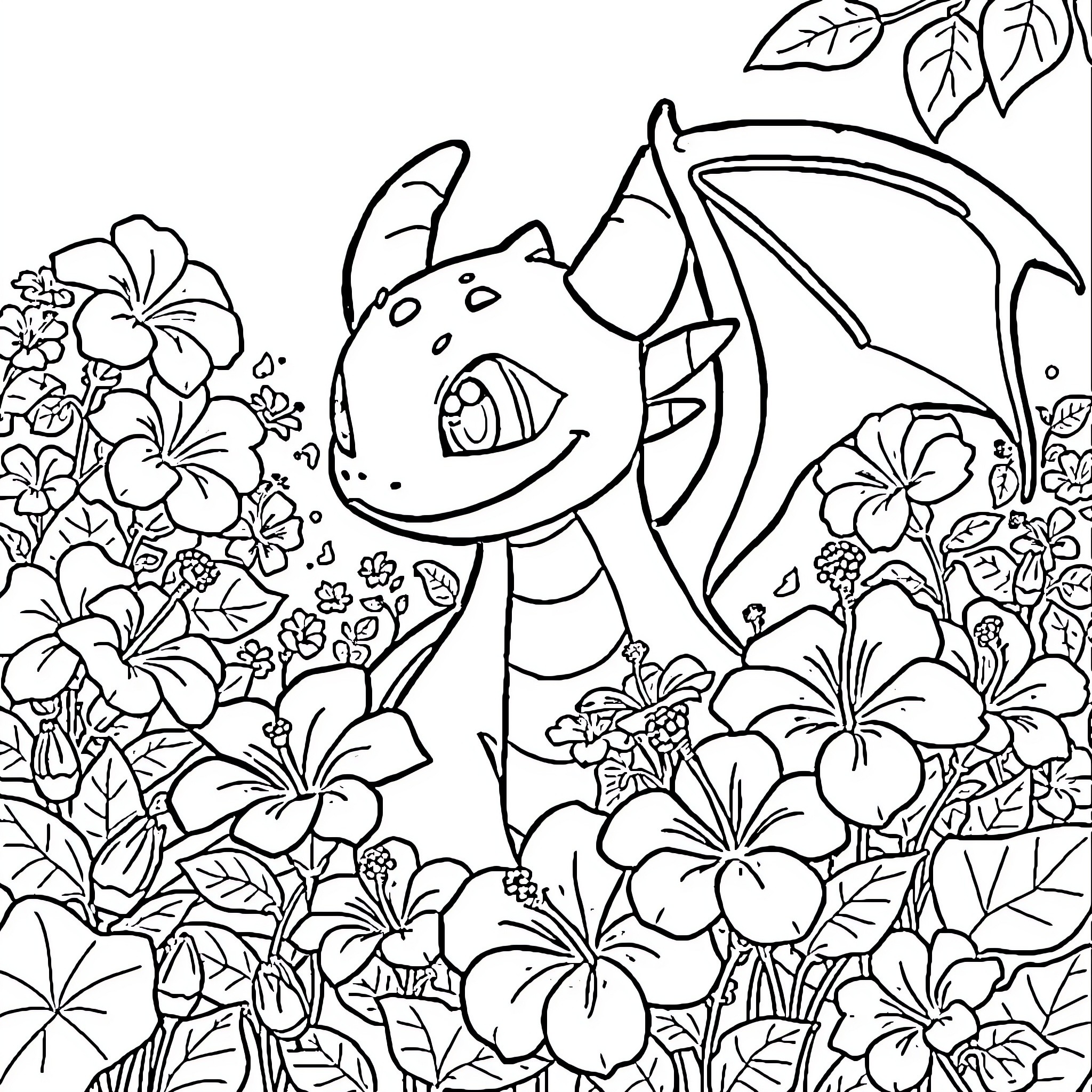 Toothless exploring a lush, floral landscape Coloring Page (free black-and-white line drawing printable PDF for all, from beginners to advanced learners, including children, teens, adults, and seniors)