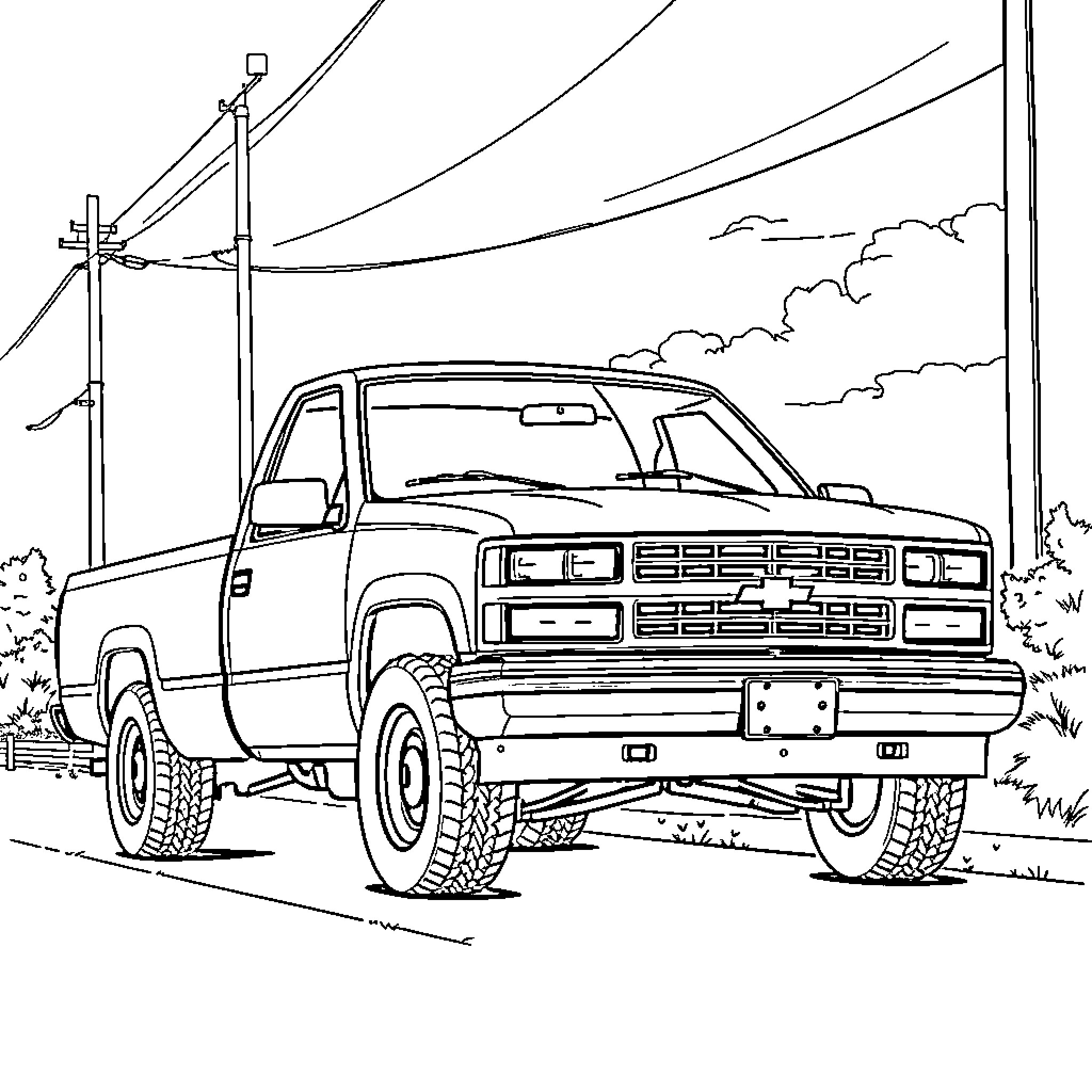 Chevy Pickup Truck on Dirt Road Coloring Page (free black-and-white line drawing printable PDF for all, from beginners to advanced learners, including children, teens, adults, and seniors)